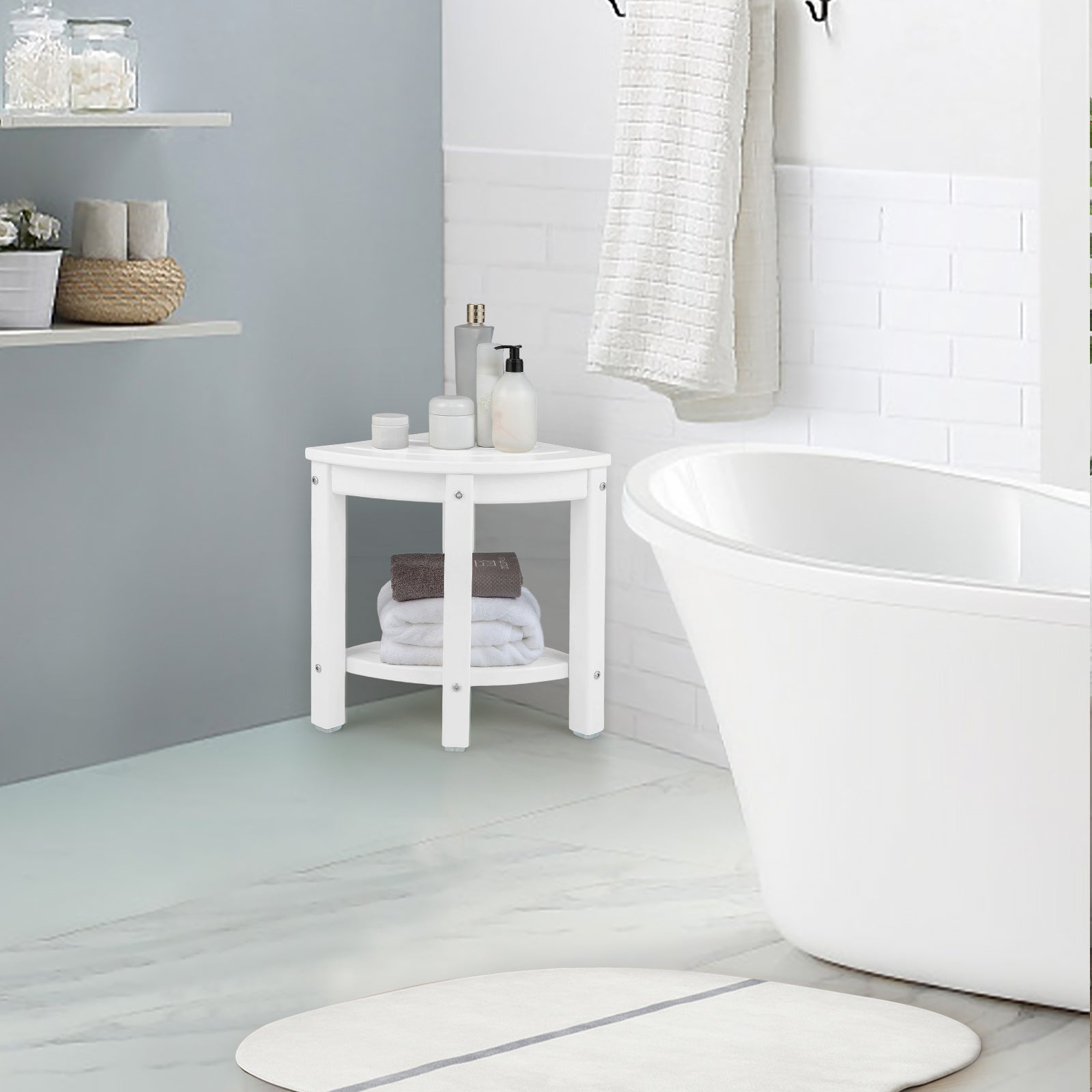 Heavy Duty Corner Shower Bench Stool with Storage Shelf for Shaving Legs-White