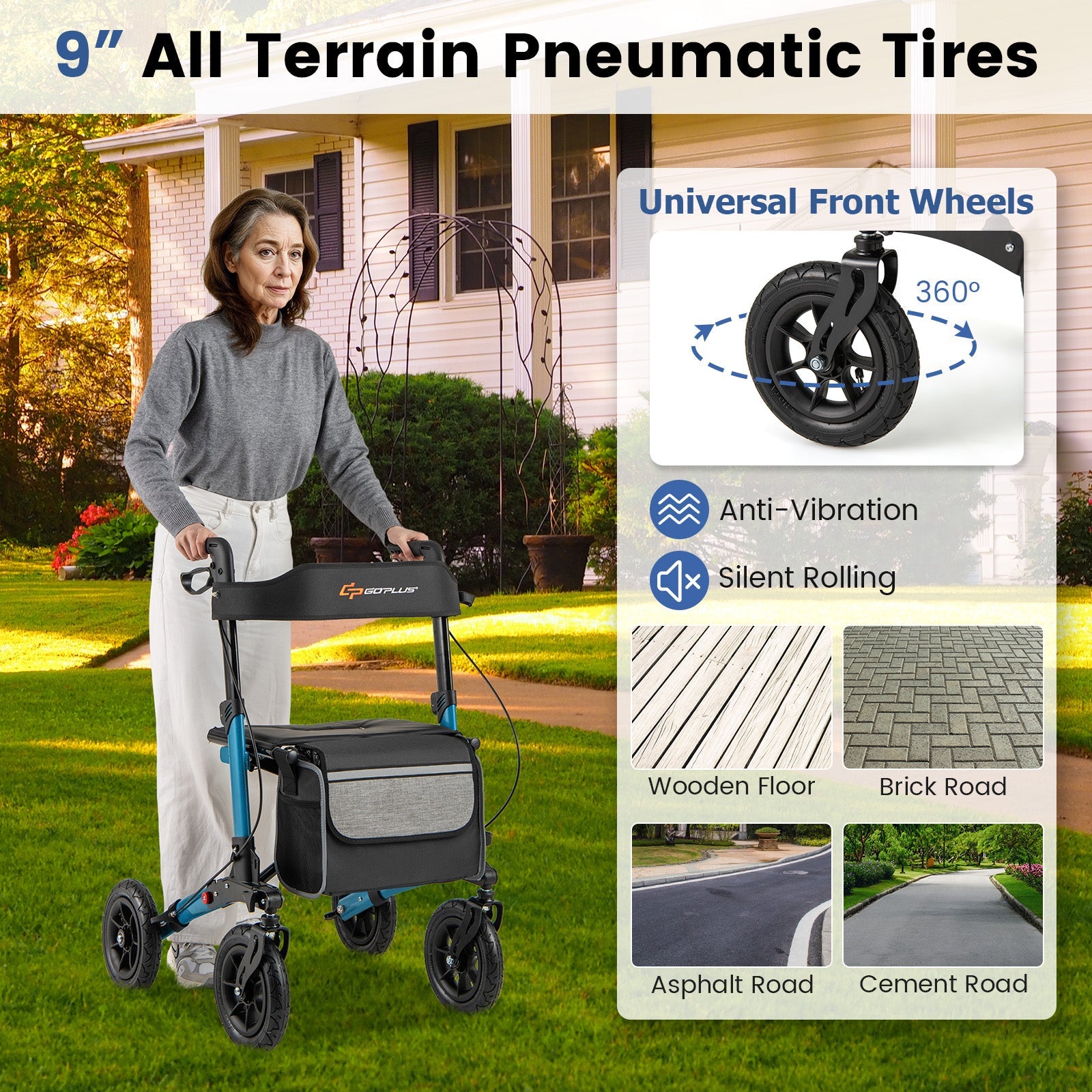 Folding Rollator Walker for Seniors with Seat for All Terrain-Navy