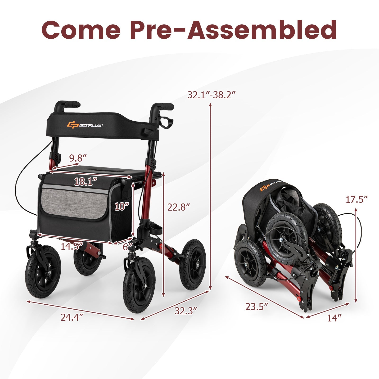 Folding Rollator Walker for Seniors with Seat for All Terrain-Red