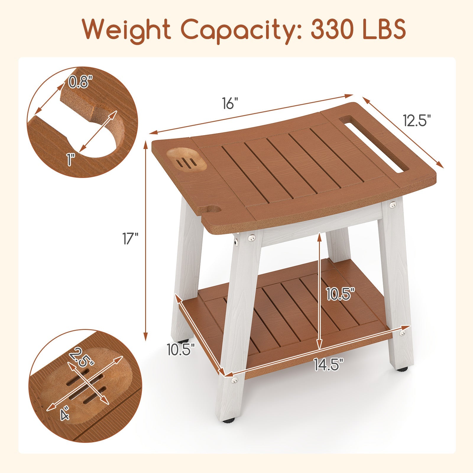 HIPS Shower Bench Seat with Handle Shower Head-Brown & White