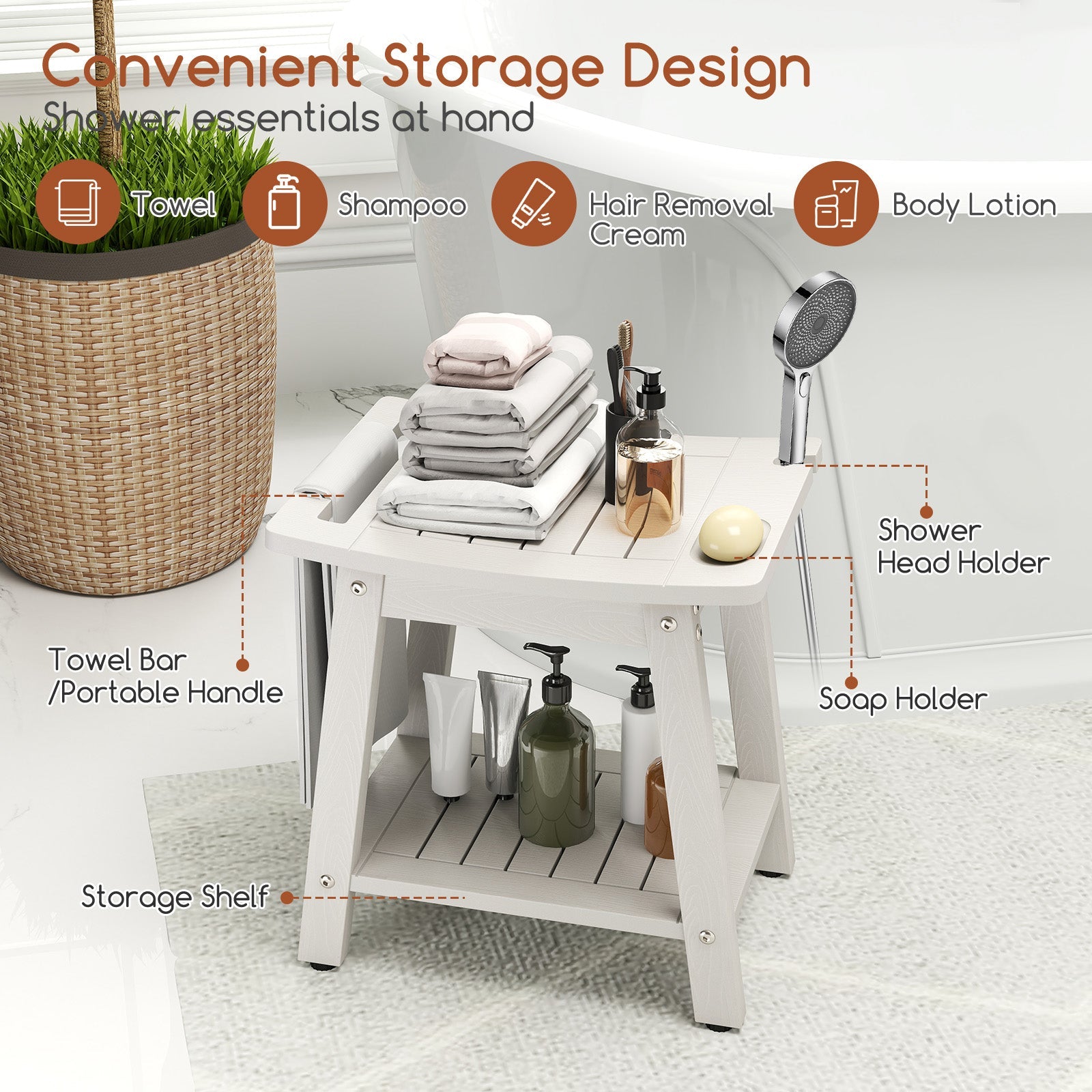 HIPS Shower Bench Seat with Handle Shower Head-White