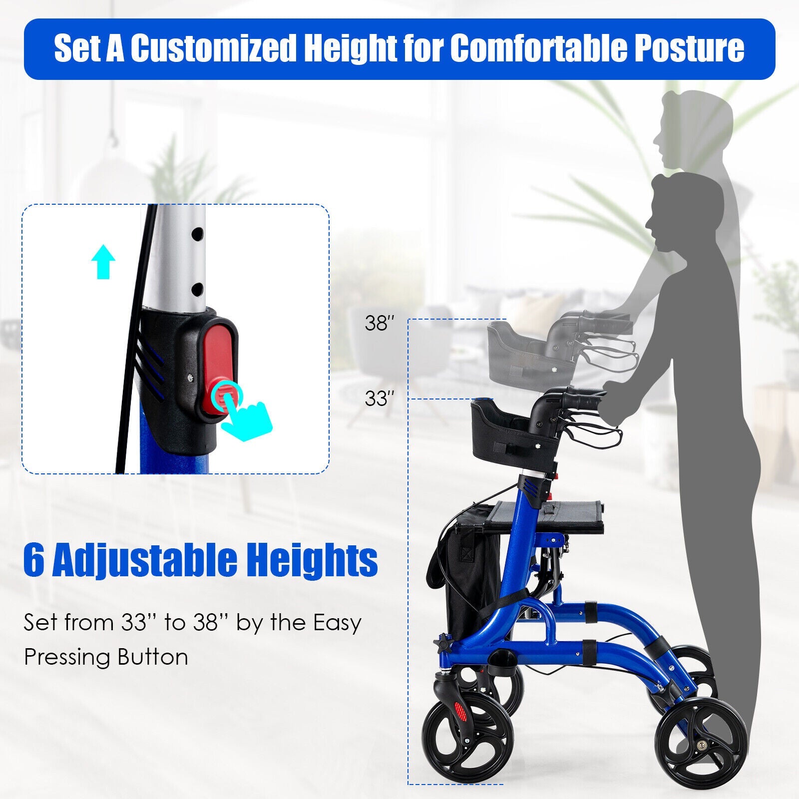 Folding Aluminum Rollator Walker with 8 inch Wheels and Seat-Blue