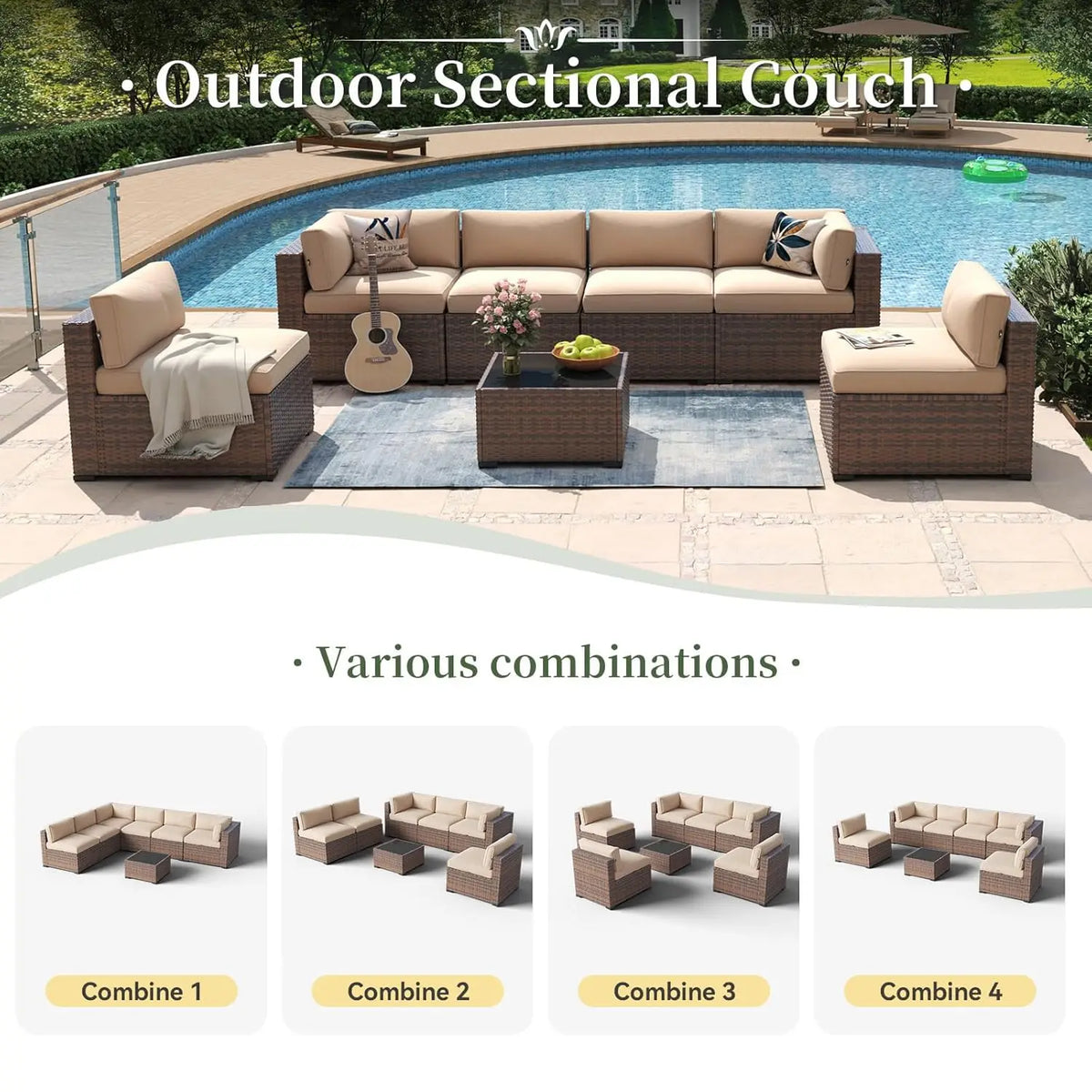 7 Piece Patio Furniture Set Wicker Rattan Patio Conversation Set Outdoor Sectional Sofa Set with Coffee Table and, Customized