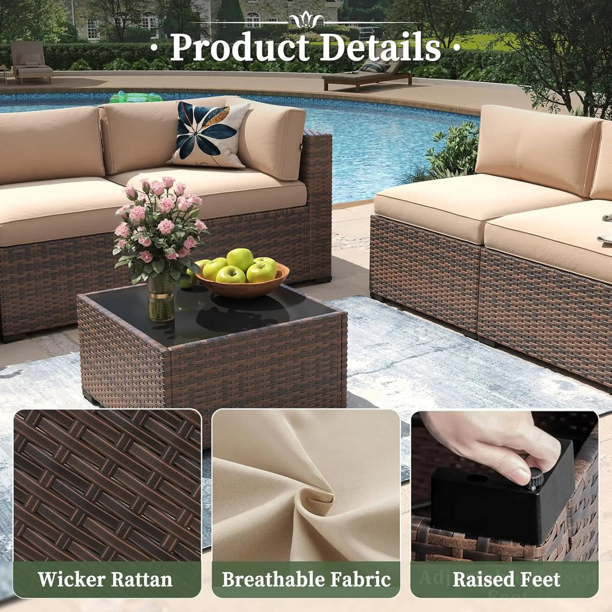 7 Piece Patio Furniture Set Wicker Rattan Patio Conversation Set Outdoor Sectional Sofa Set with Coffee Table and, Customized