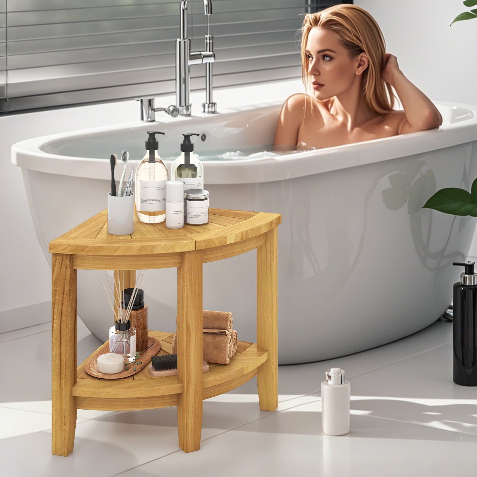 Teak Wood Shower Bench with Storage Shelf for Inside Shower to Sit on
