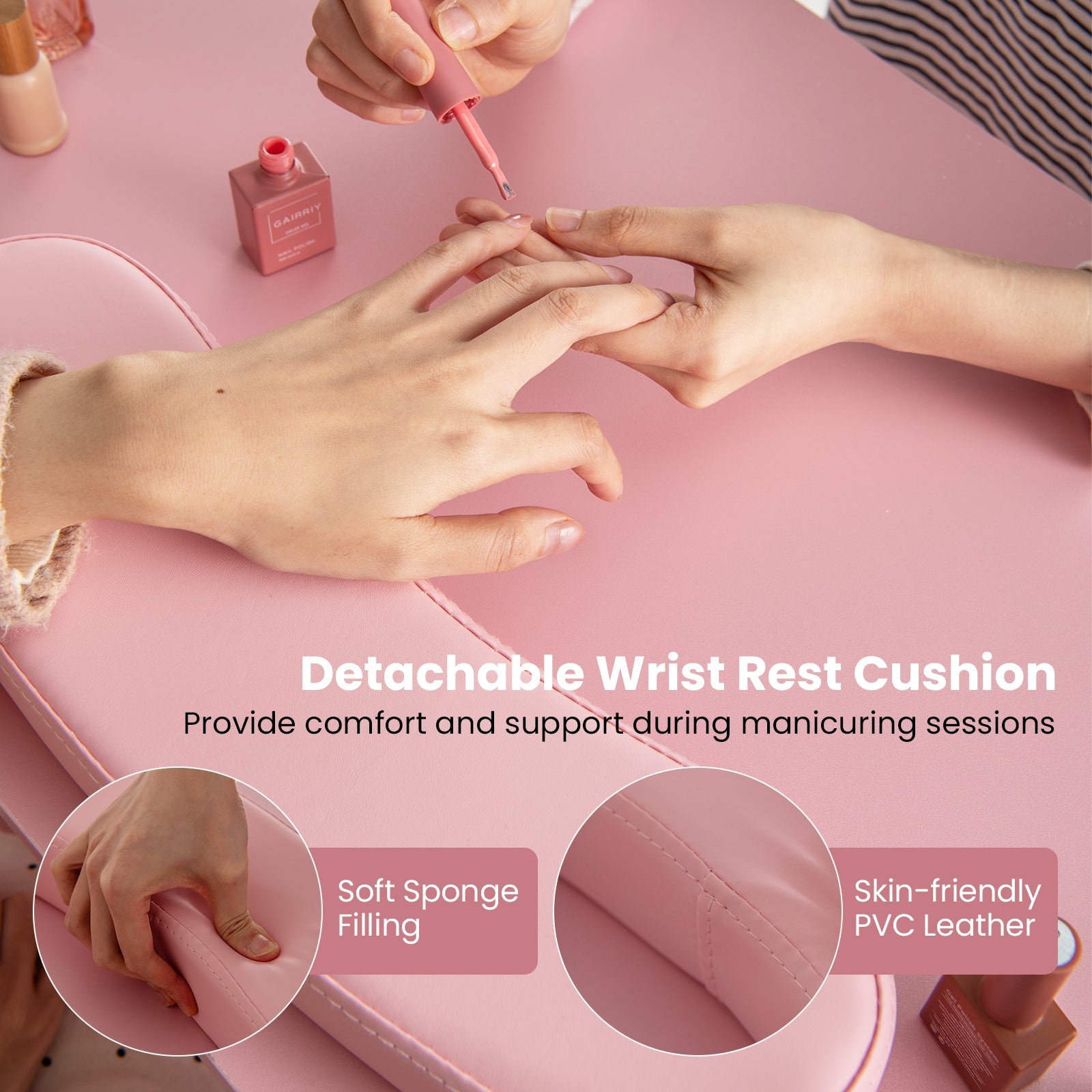 Wooden Manicure Table Nail Desk with Drawers Wrist Rest-Pink