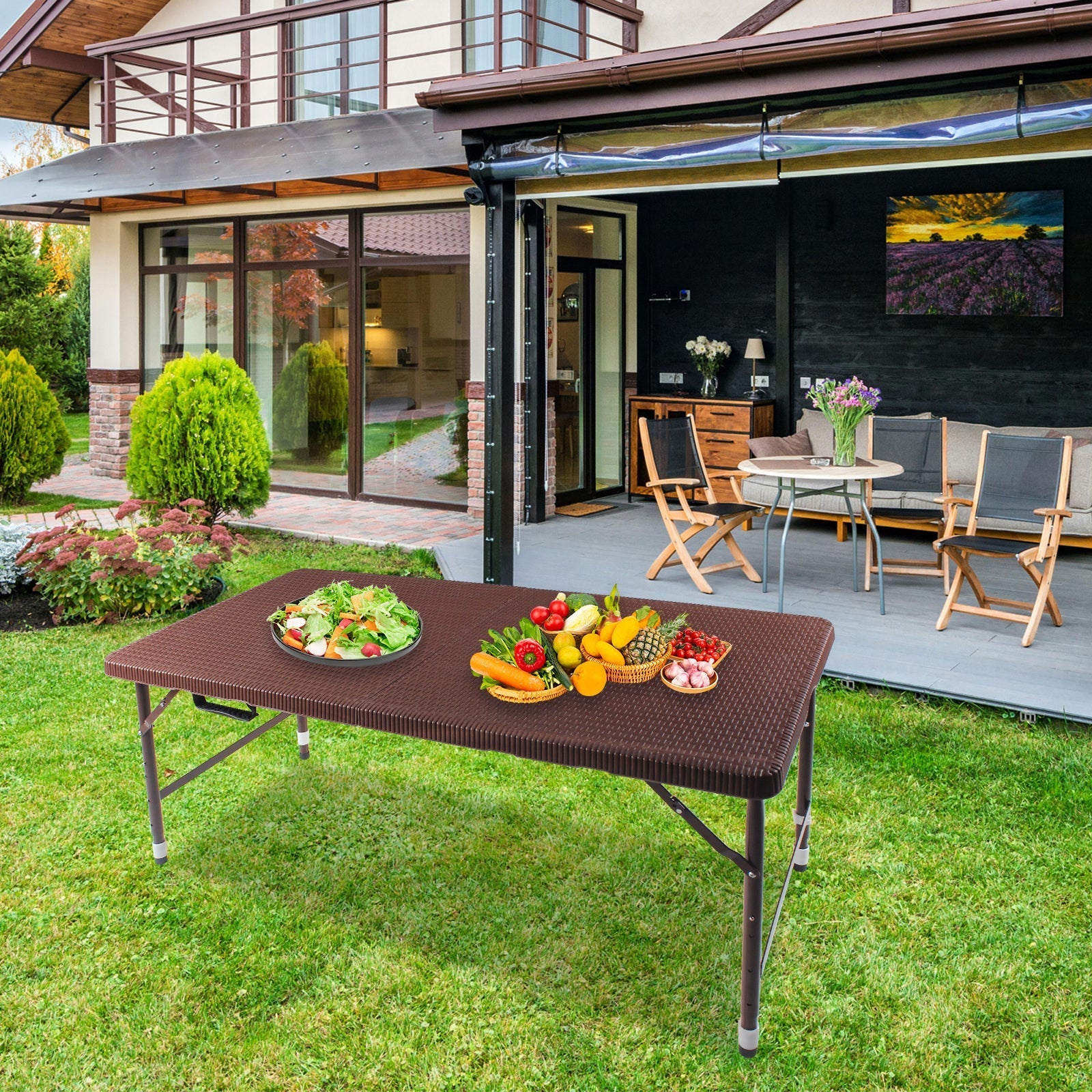 4ft Rattan Folding Table for Indoor and Outdoor Use