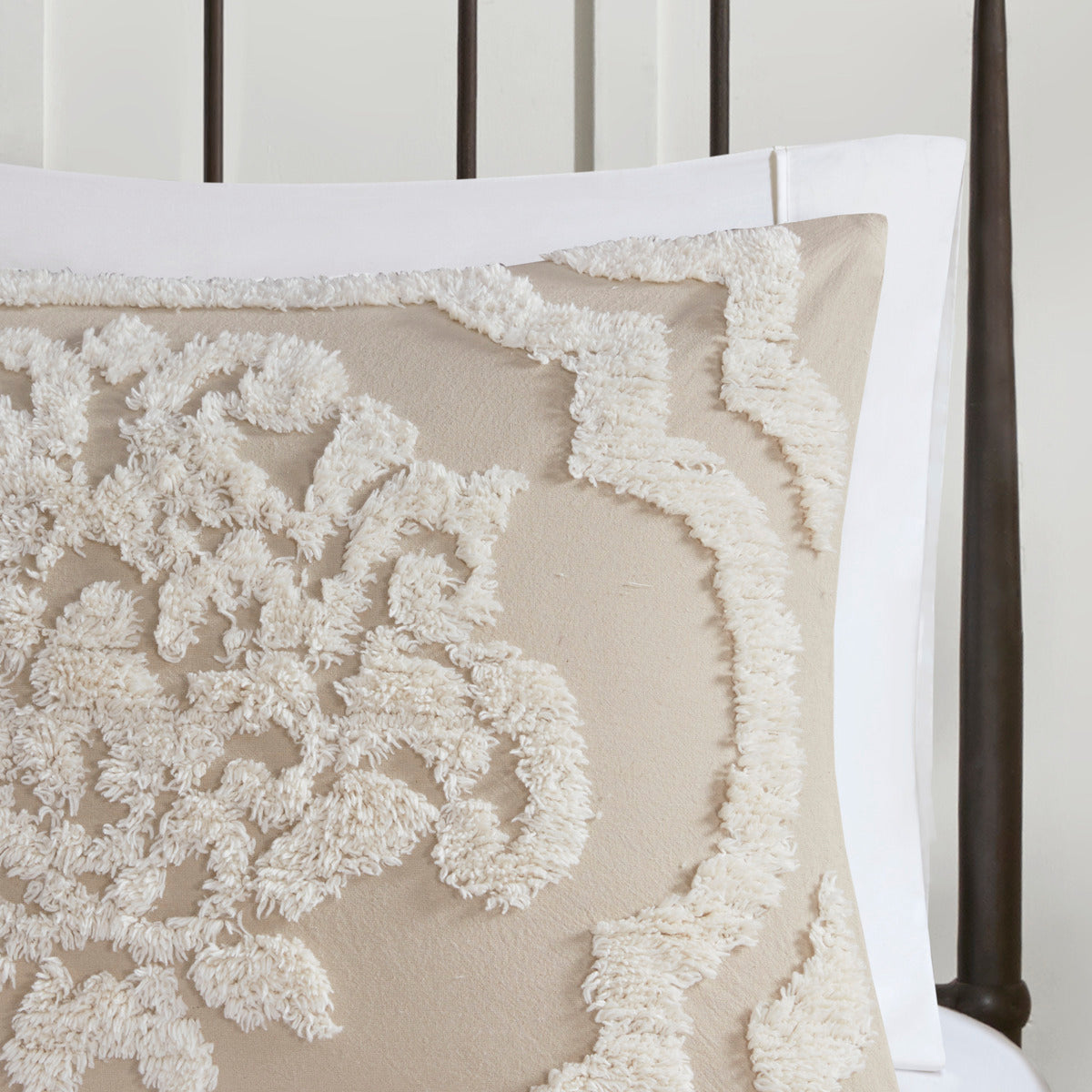 3 Piece Tufted Cotton Chenille Damask Comforter Set Taupe King/Cal King