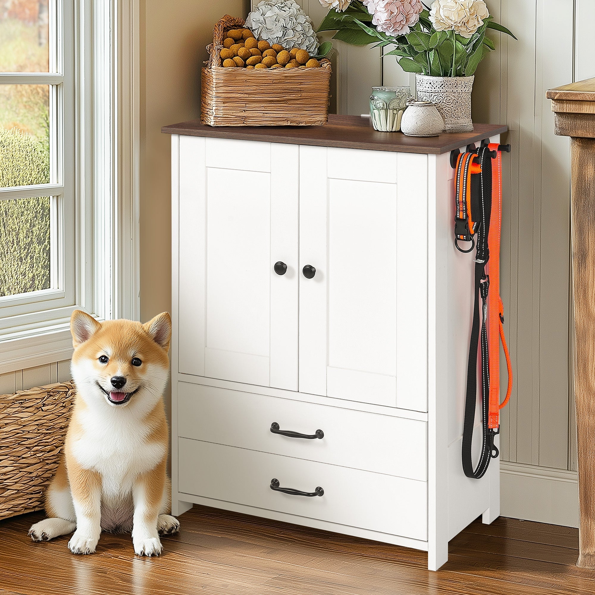 Dog Feeding Station Double Door Locker with 2 Adjustable Dog Bowls White