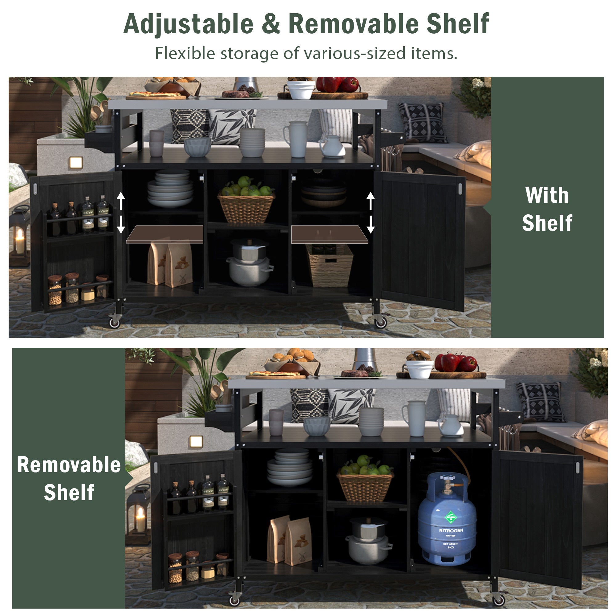 K&K Outdoor Kitchen Island with Rolling Bar Cart and Storage Cabinet
