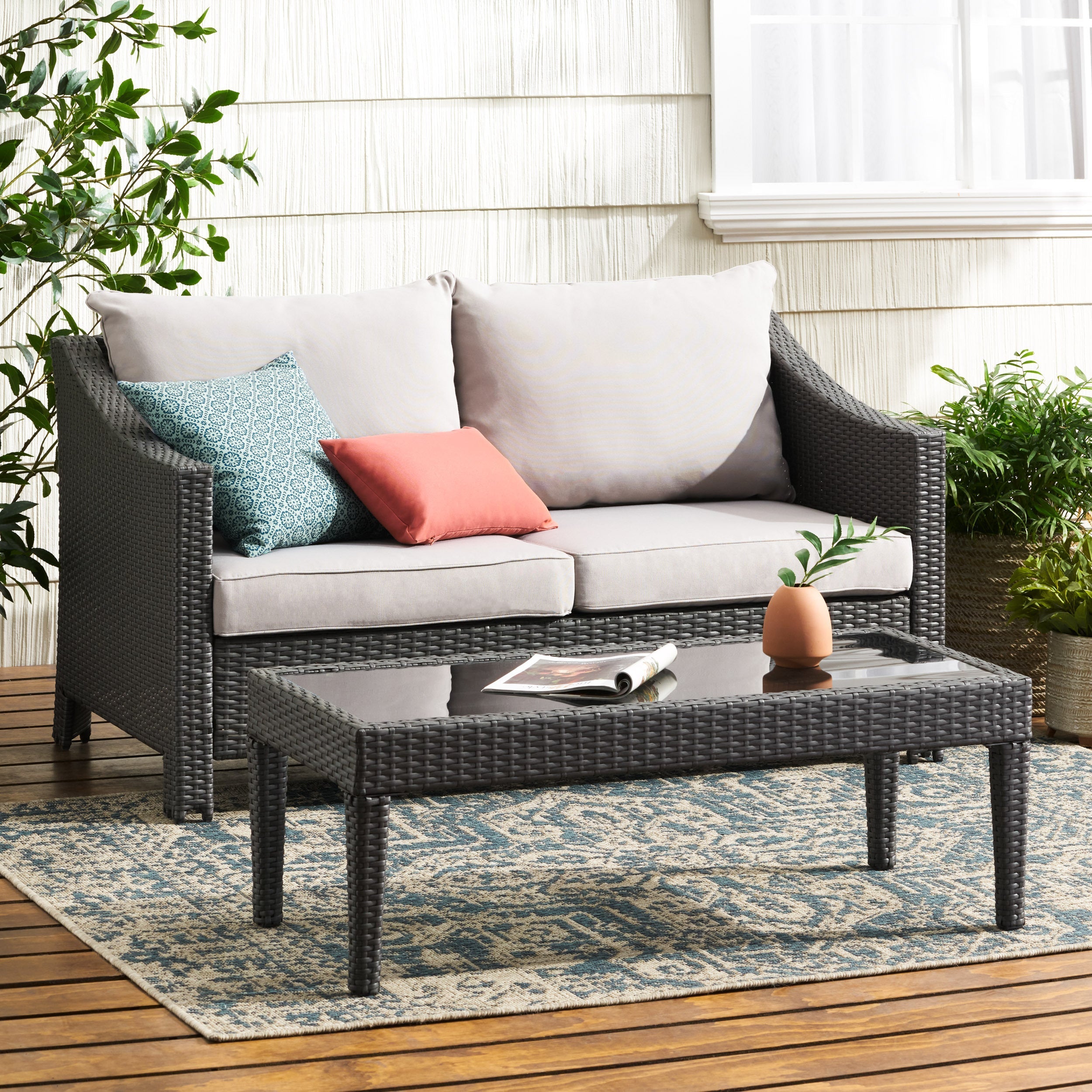 Contemporary ANTIBES Loveseat & Table Set Outdoor Grey PE Rattan Iron Waterproof Fabric