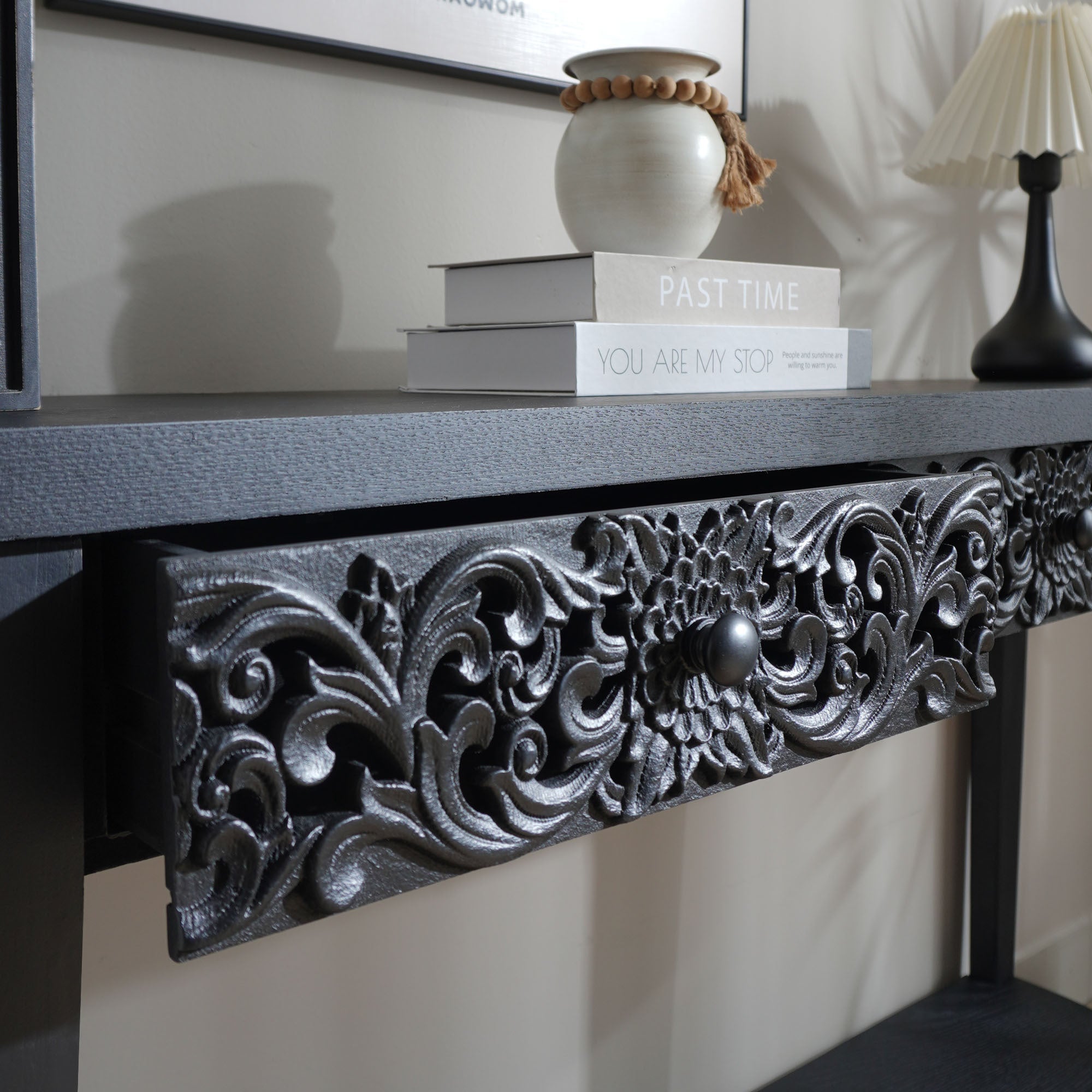 59.2in Black Carved Wooden Console Table with Lower Storage Shelf and Drawers