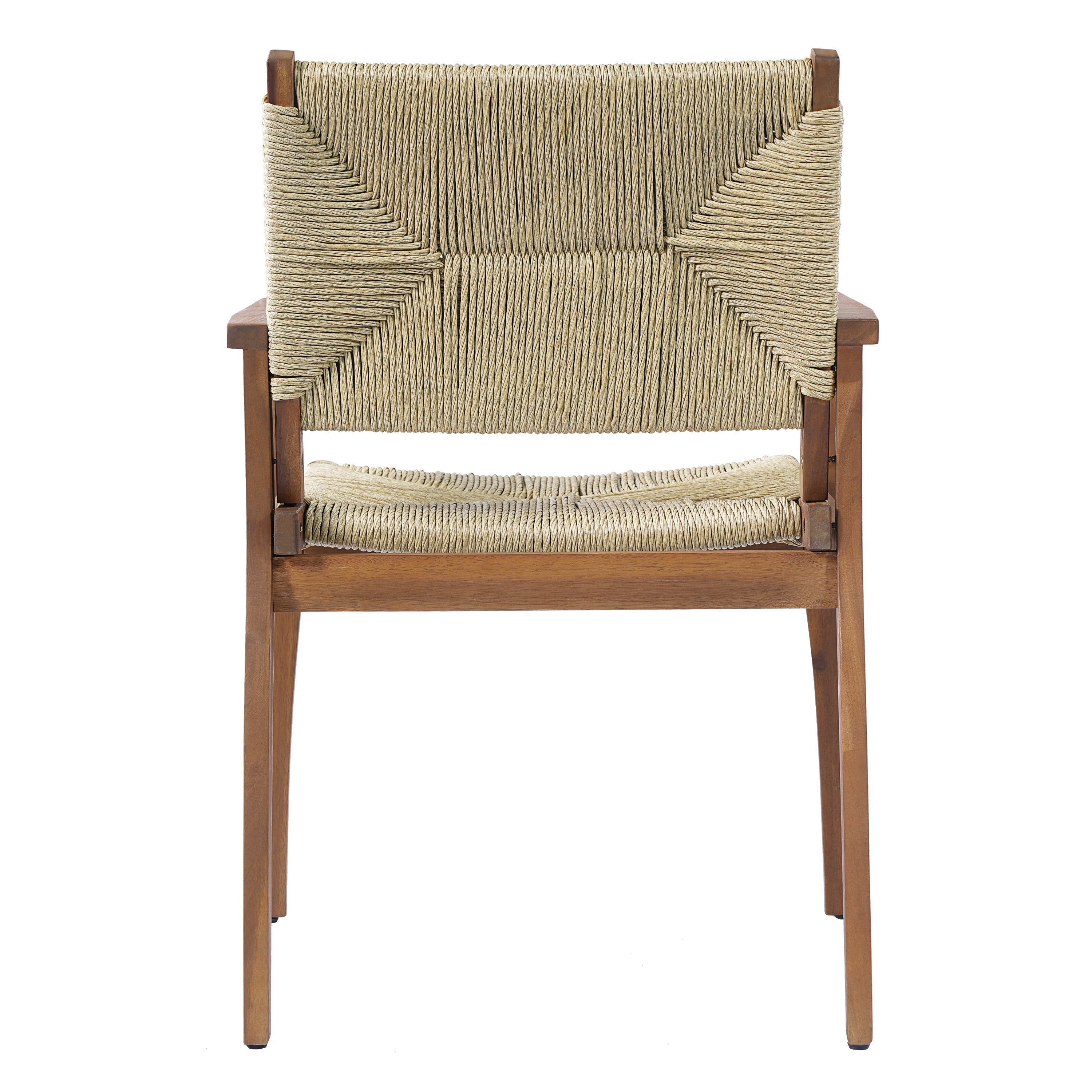 5-Piece Outdoor Dining Set: Teak Finish Round Acacia Wood Table & 4 Wicker Armchairs