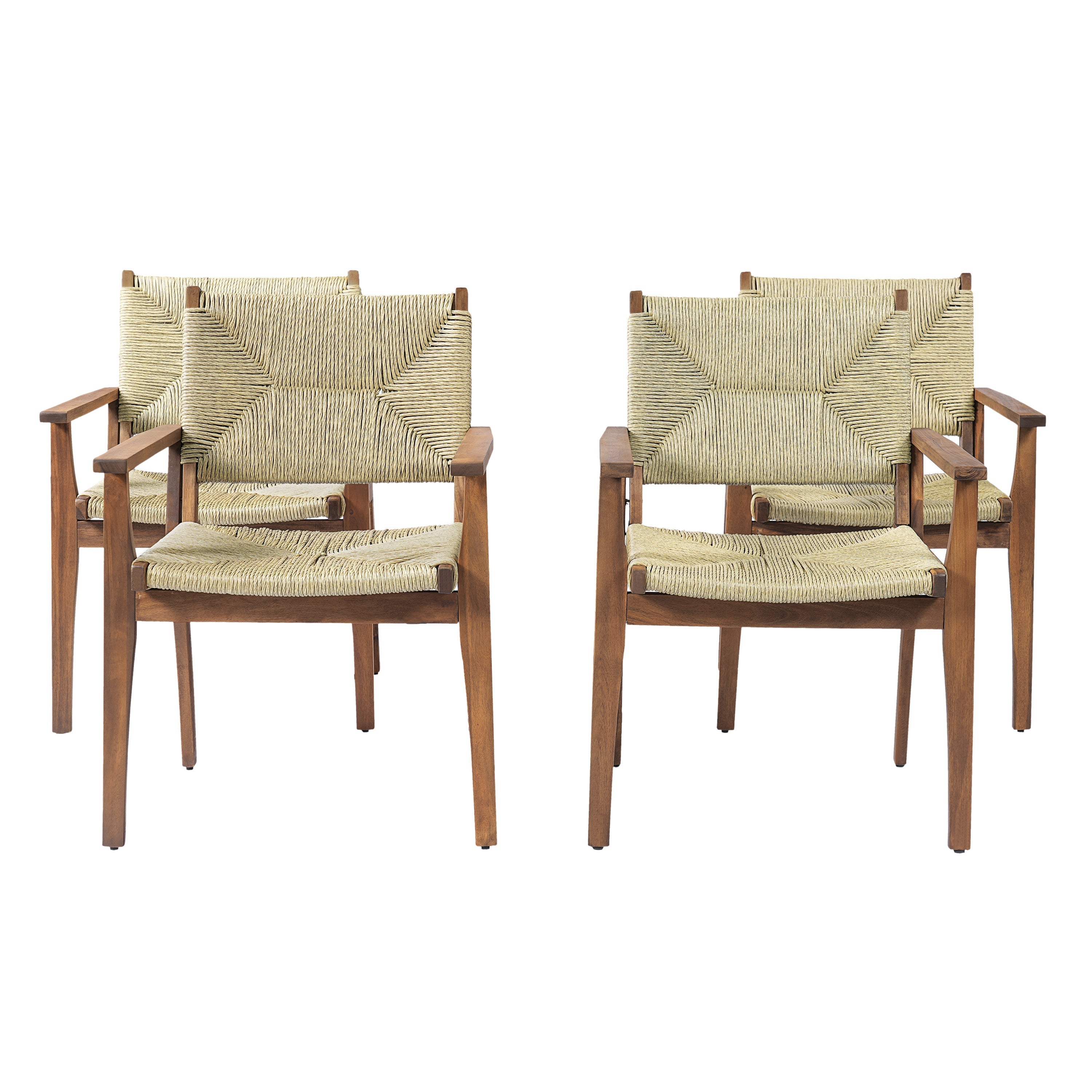 5-Piece Outdoor Dining Set: Teak Finish Round Acacia Wood Table & 4 Wicker Armchairs