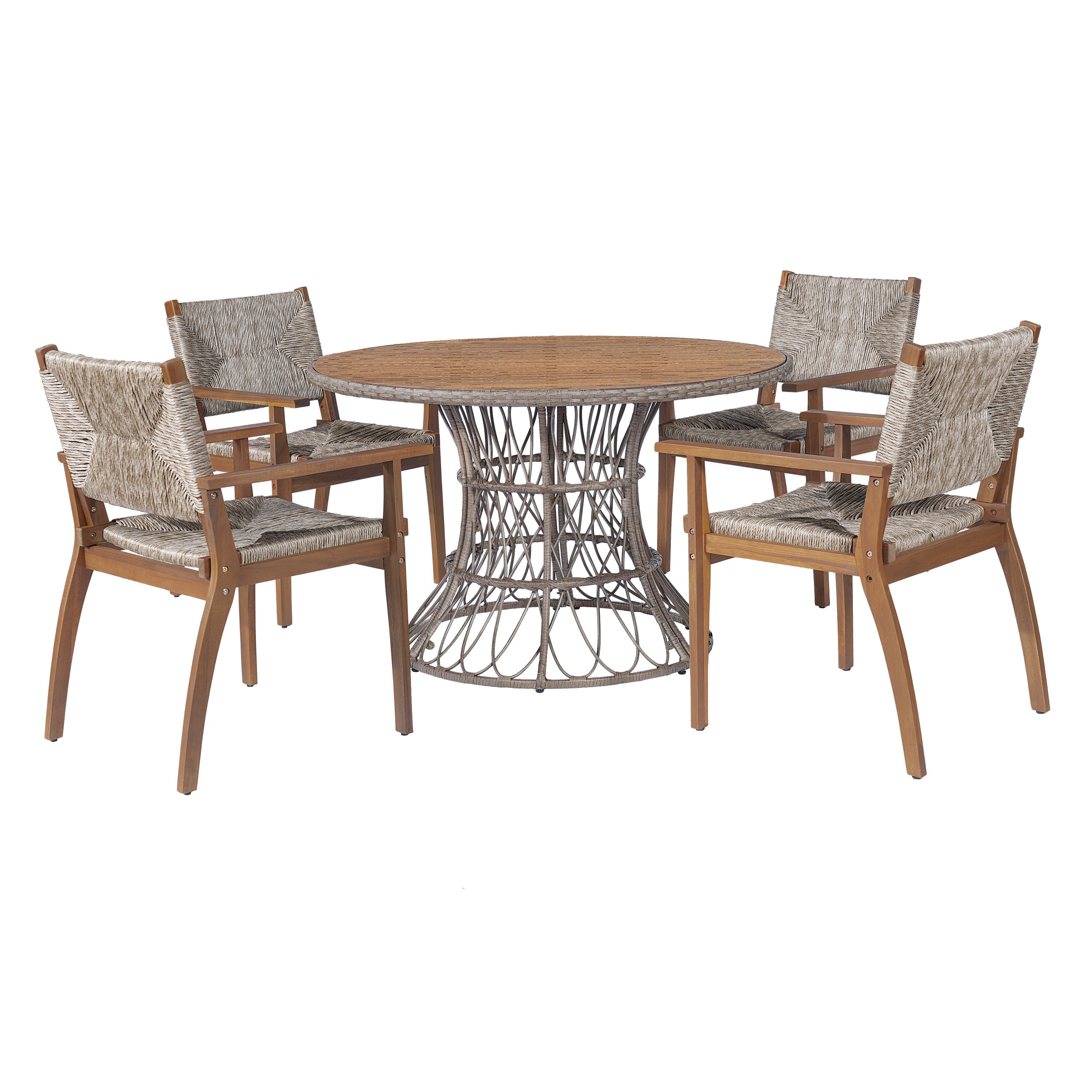5-Piece Outdoor Dining Set: Brown Round Acacia Wood Table & 4 Brown Wicker Armchairs