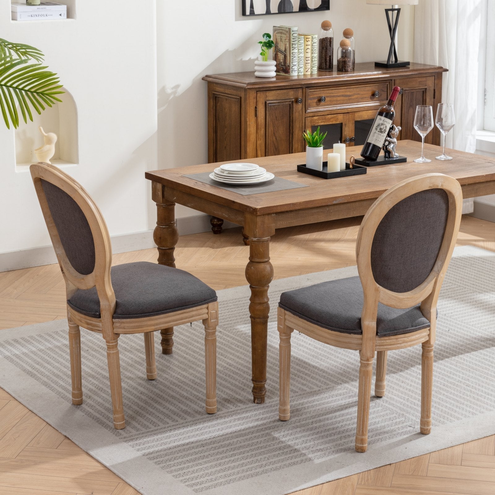French Style Solid Wood Frame Antique Linen Dining Chair, Set of 2