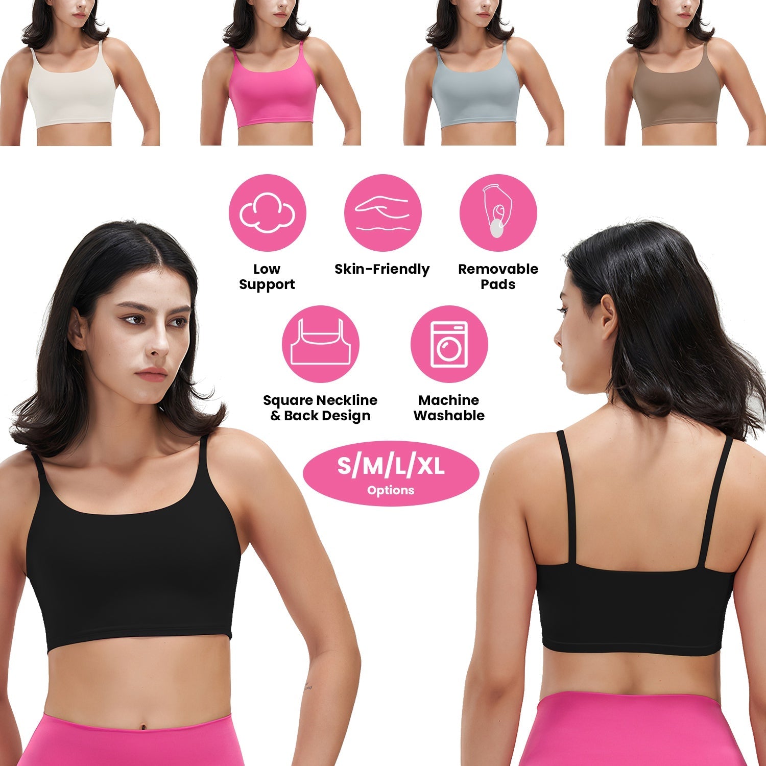Women Strap Sport Bras Padded Strappy Crop Square Neck Low Impact Bras Sexy Fitness Tank Tops with Removable Pads Flat Straps for Gym Yoga Workout Run