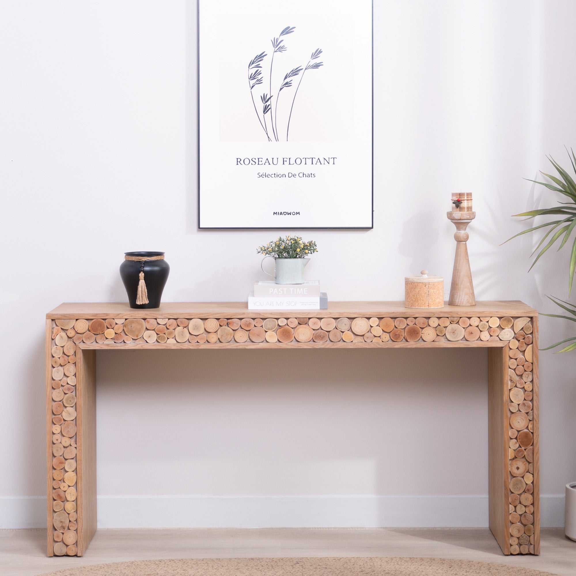 Rustic Wood Console Table with Natural Log Accents – 62" Entryway Table
