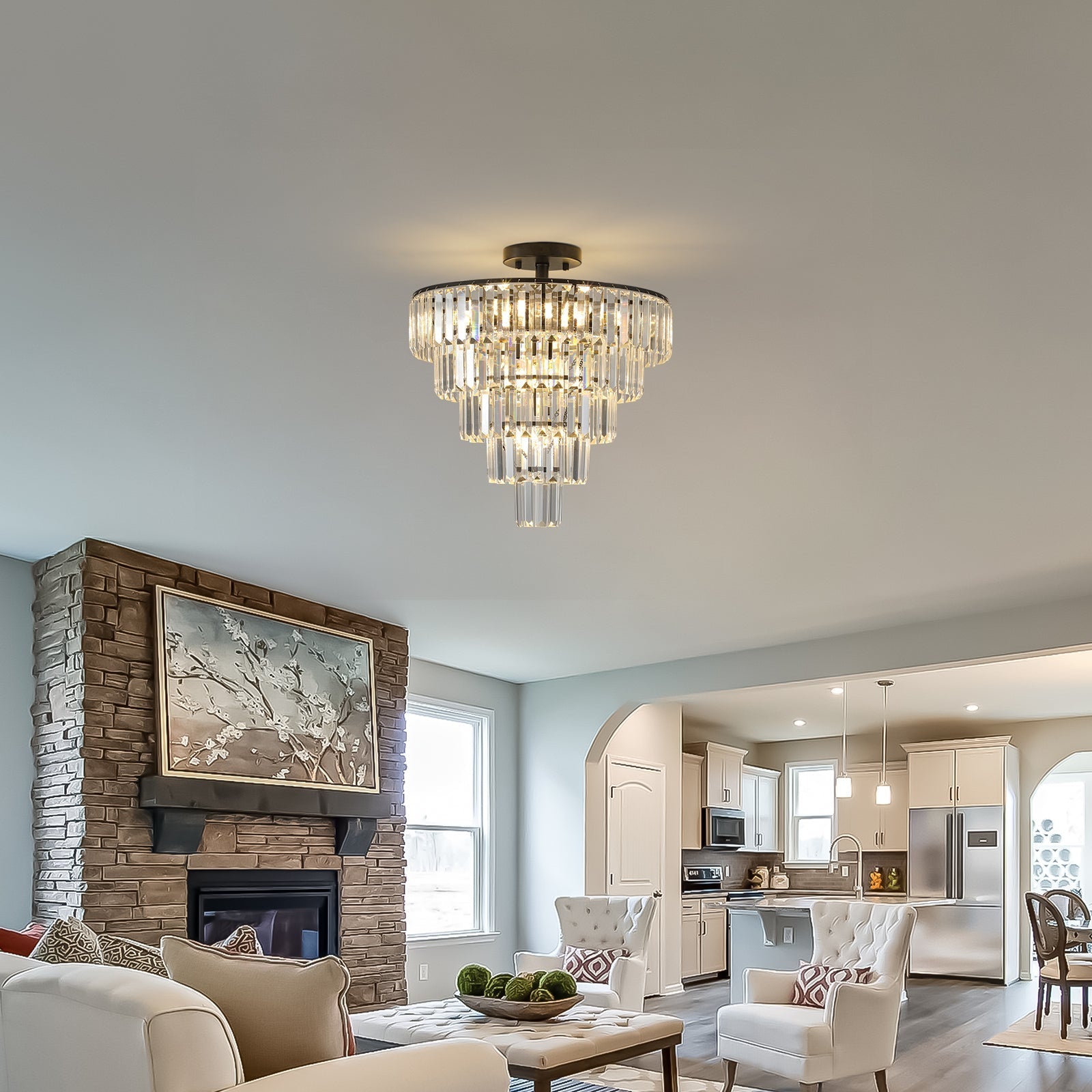 20' Black Crystal Chandelier Ceiling Light, Modern Luxury 10-Light Flush Mount