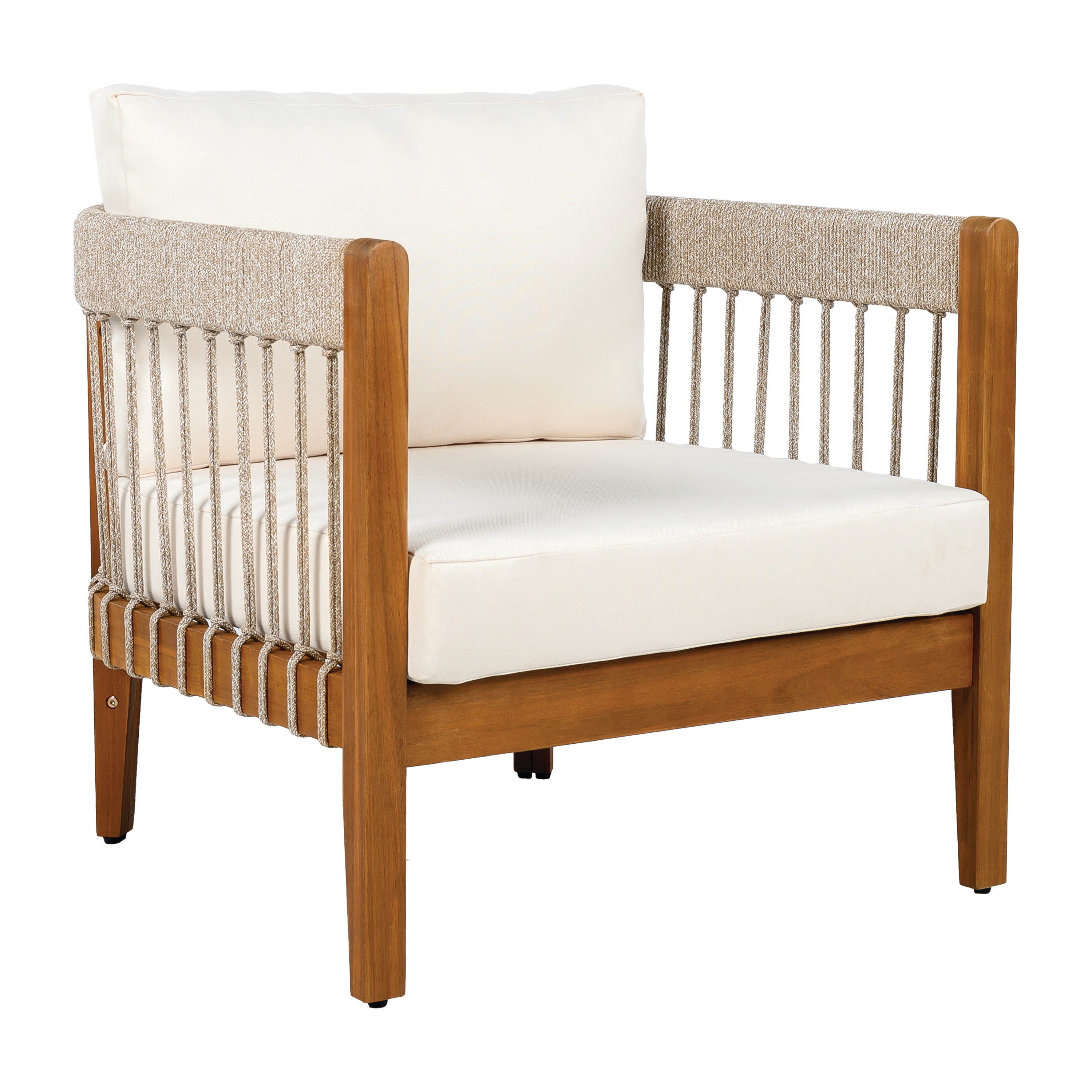 Acacia Wood Outdoor Club Chair with Handwoven Rope Accents & Curved Backrest