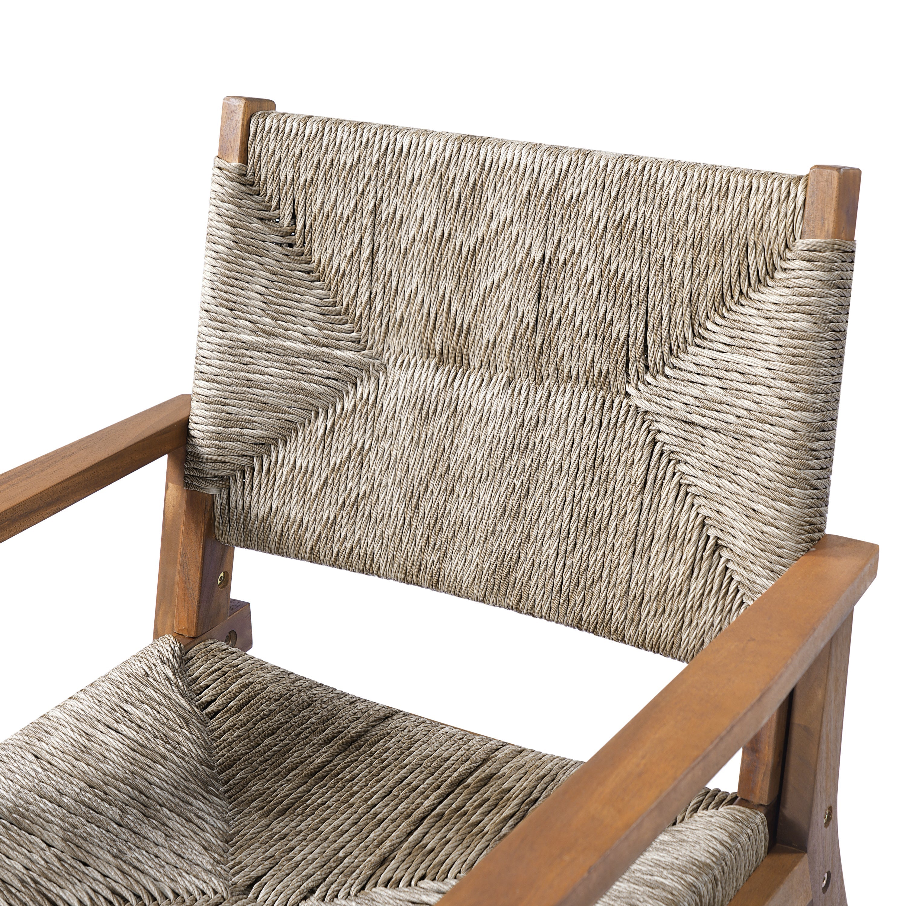 5-Piece Outdoor Dining Set: Brown Round Acacia Wood Table & 4 Brown Wicker Armchairs