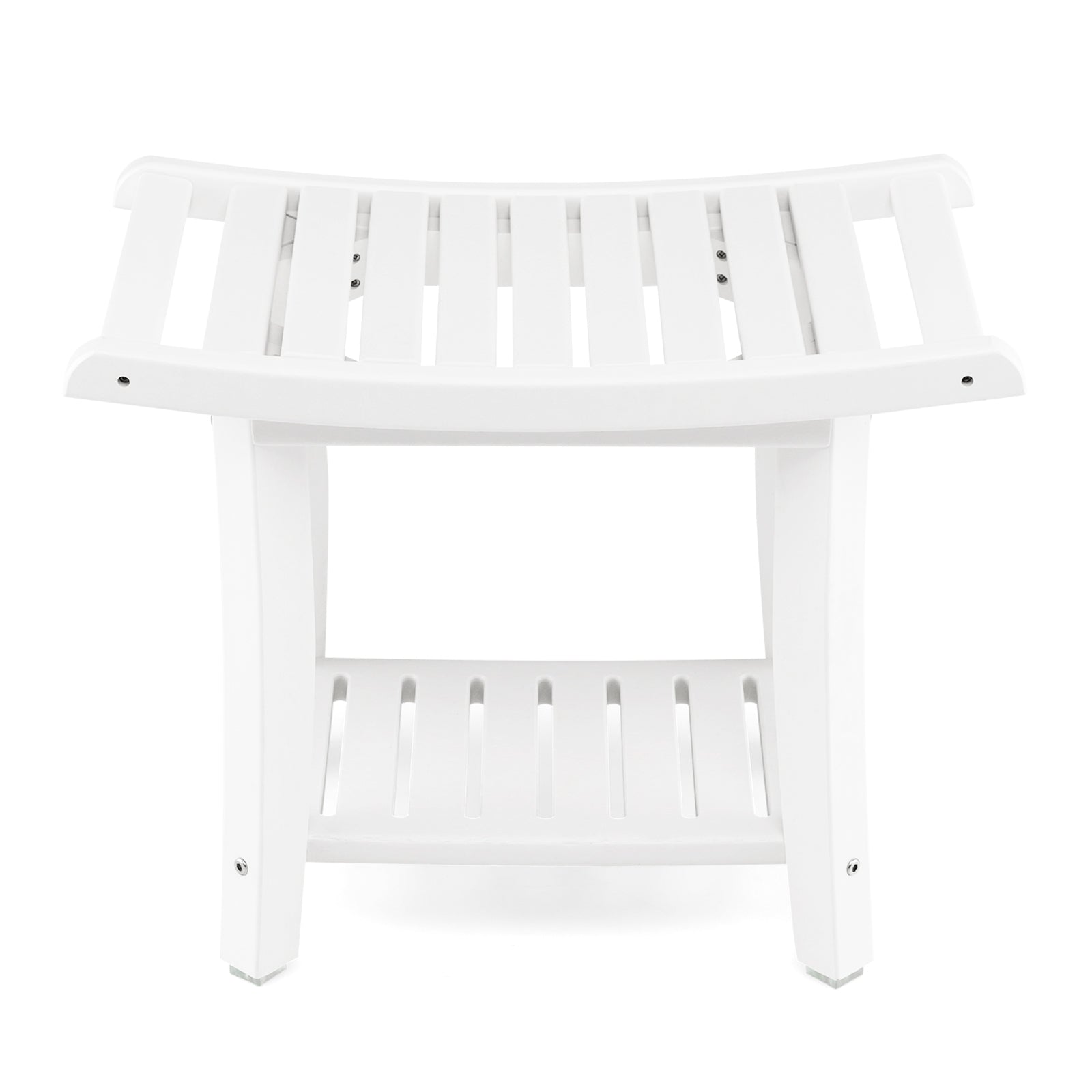 Heavy Duty Waterproof Bath Stool with Curved Seat and Storage Shelf-White