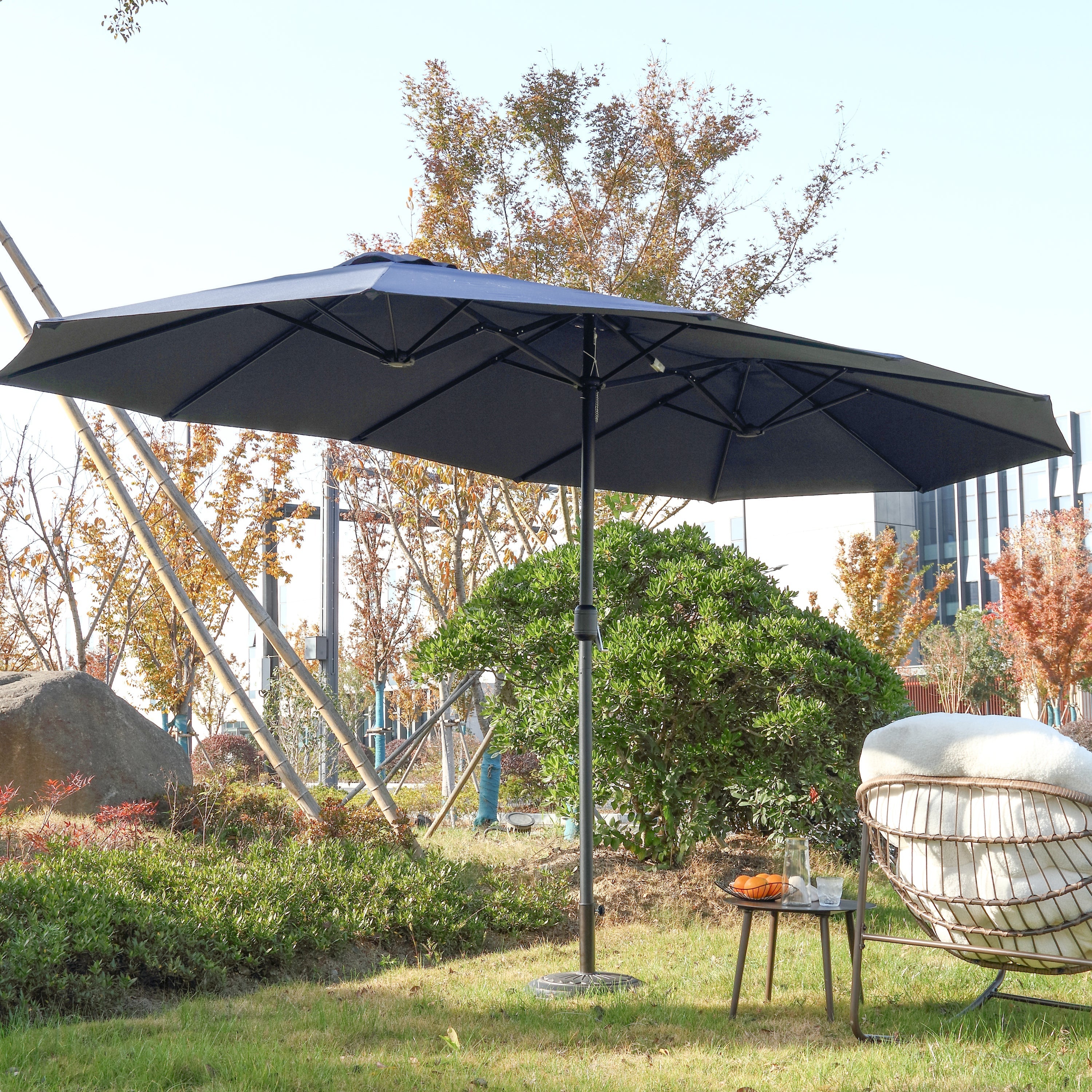 14.8 Ft Double Sided Outdoor Umbrella Rectangular Large with Crank (Navy Blue)