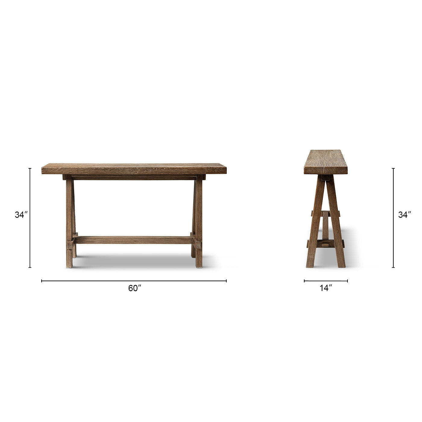 Hawthorne 60' Solid Reclaimed Elm Trestle Console Table, Heritage Medium-Dark Brown