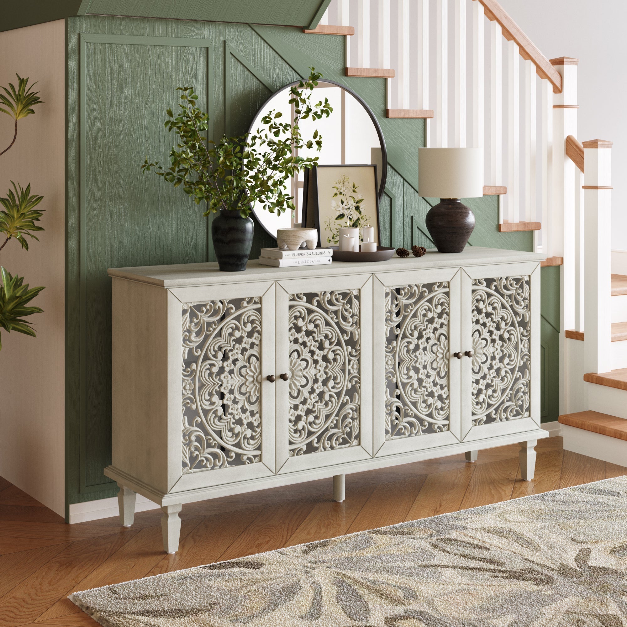 60" Antique Buffet Cabinet with Floral Carvings and Solid Wood Legs