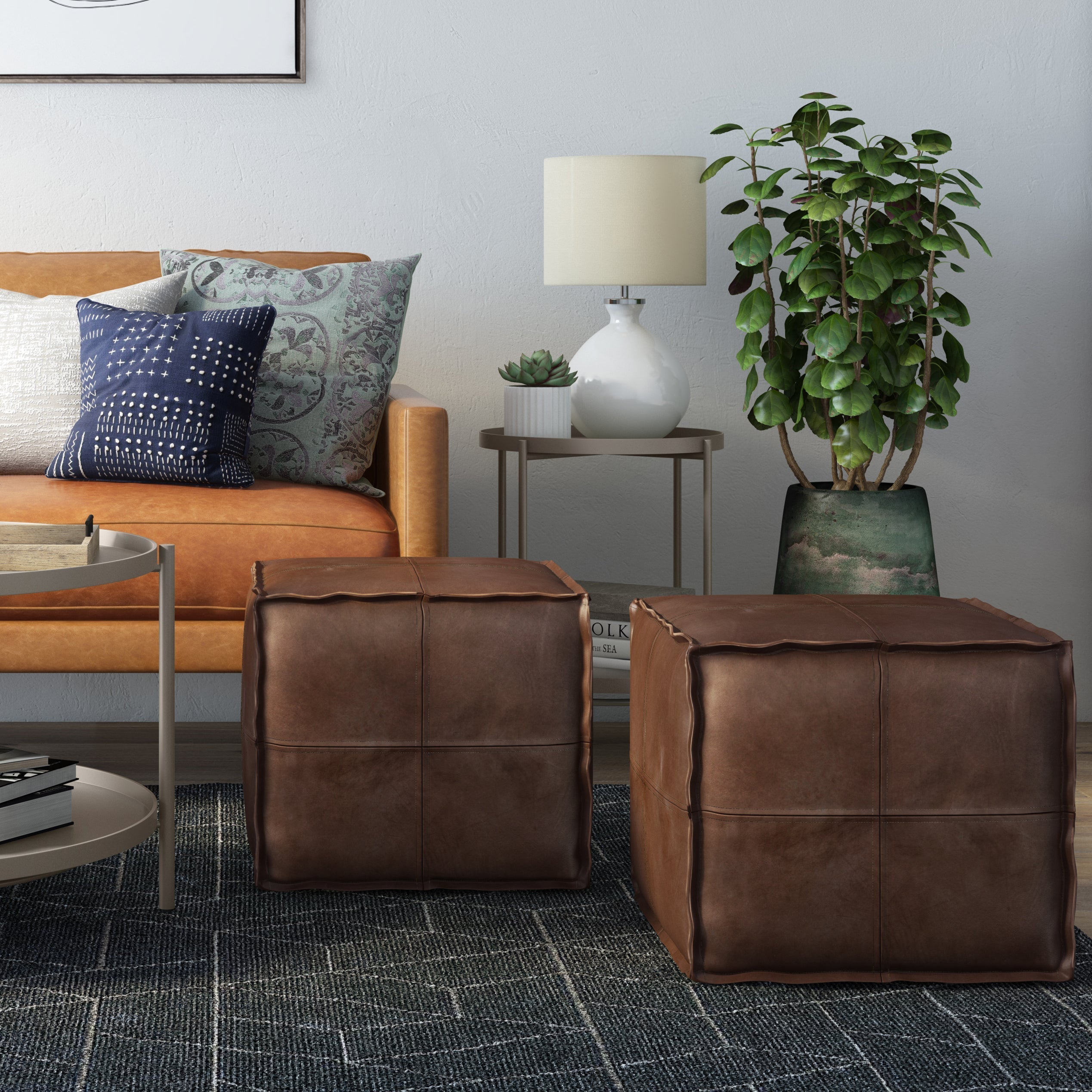 Brody Square Pouf Distressed Dark Brown