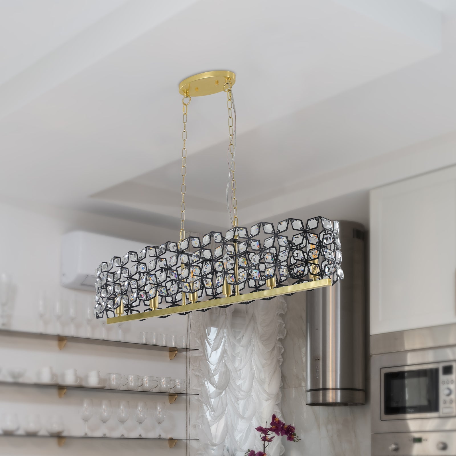 39" Contemporary Crystal and Black-Gold Pendant Chandelier