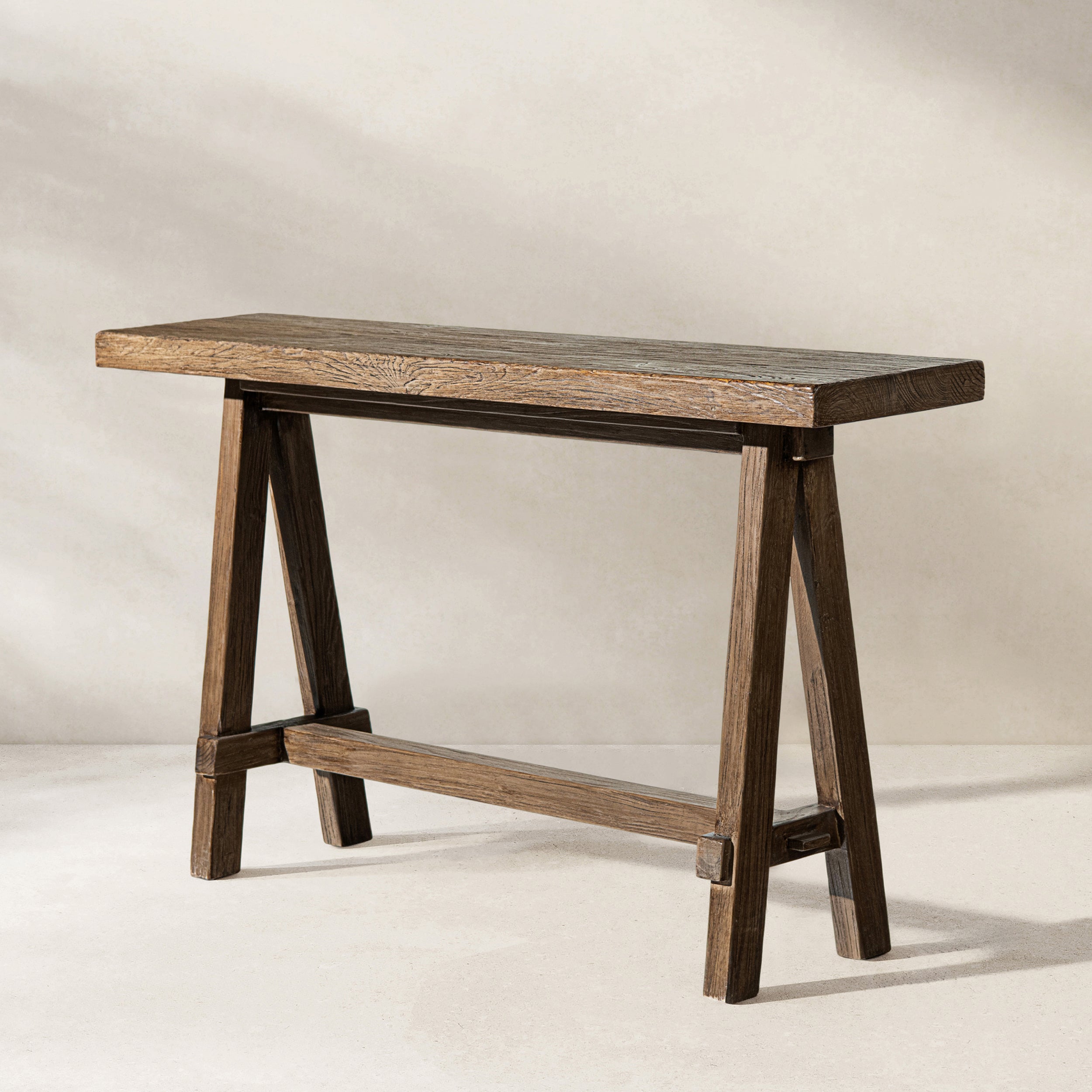 Hawthorne 60' Solid Reclaimed Elm Trestle Console Table, Heritage Medium-Dark Brown
