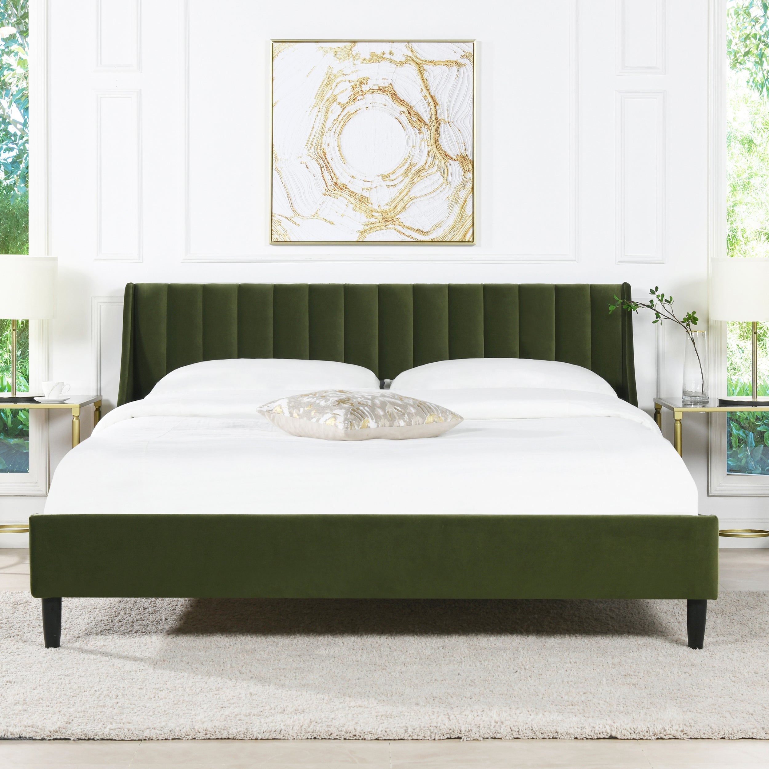 Aspen Vertical Tufted Headboard Platform Bed Set, King, Olive Green Performance Velvet