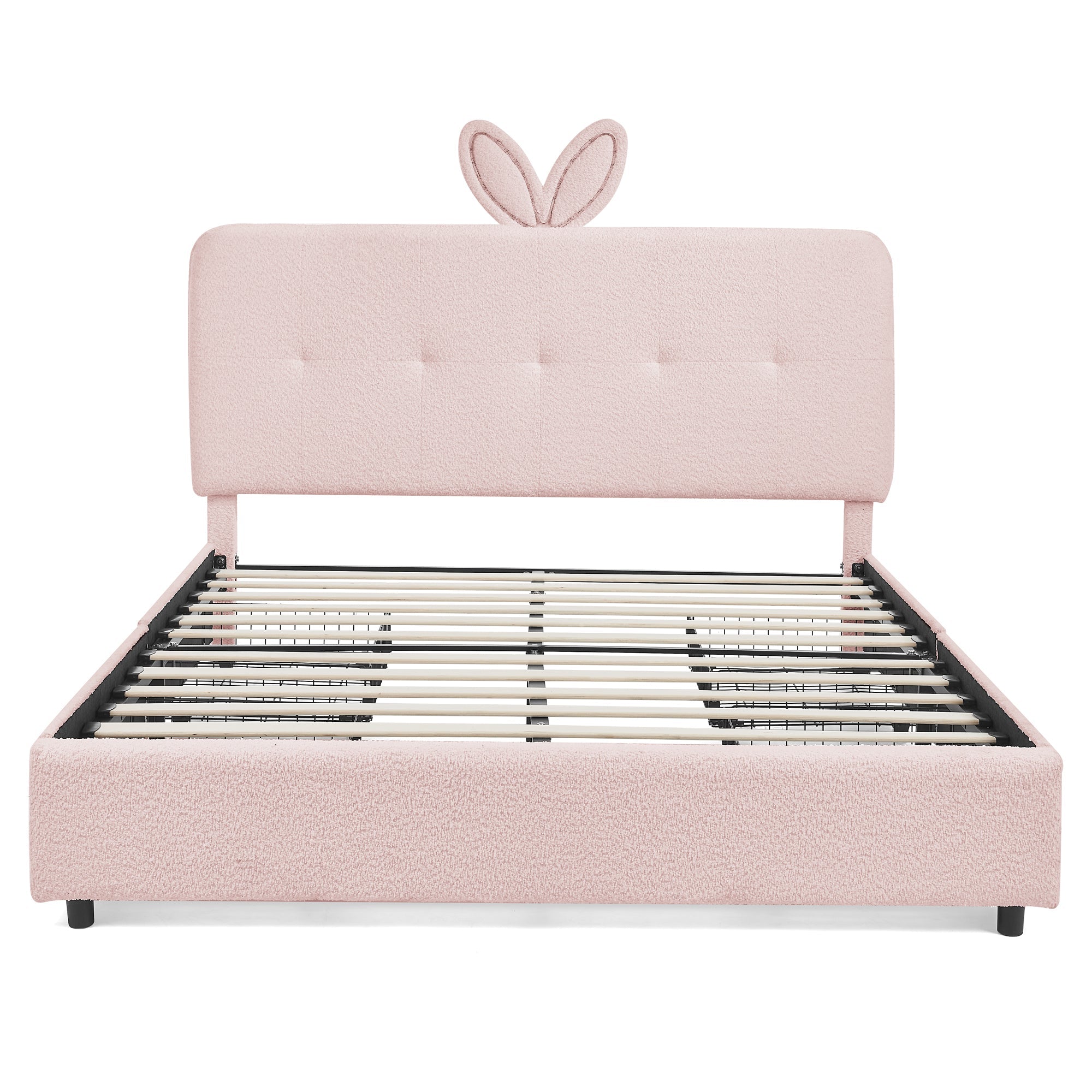 Queen Size Kids Upholstered Bed with Rabbit Ear Headboard & Storage