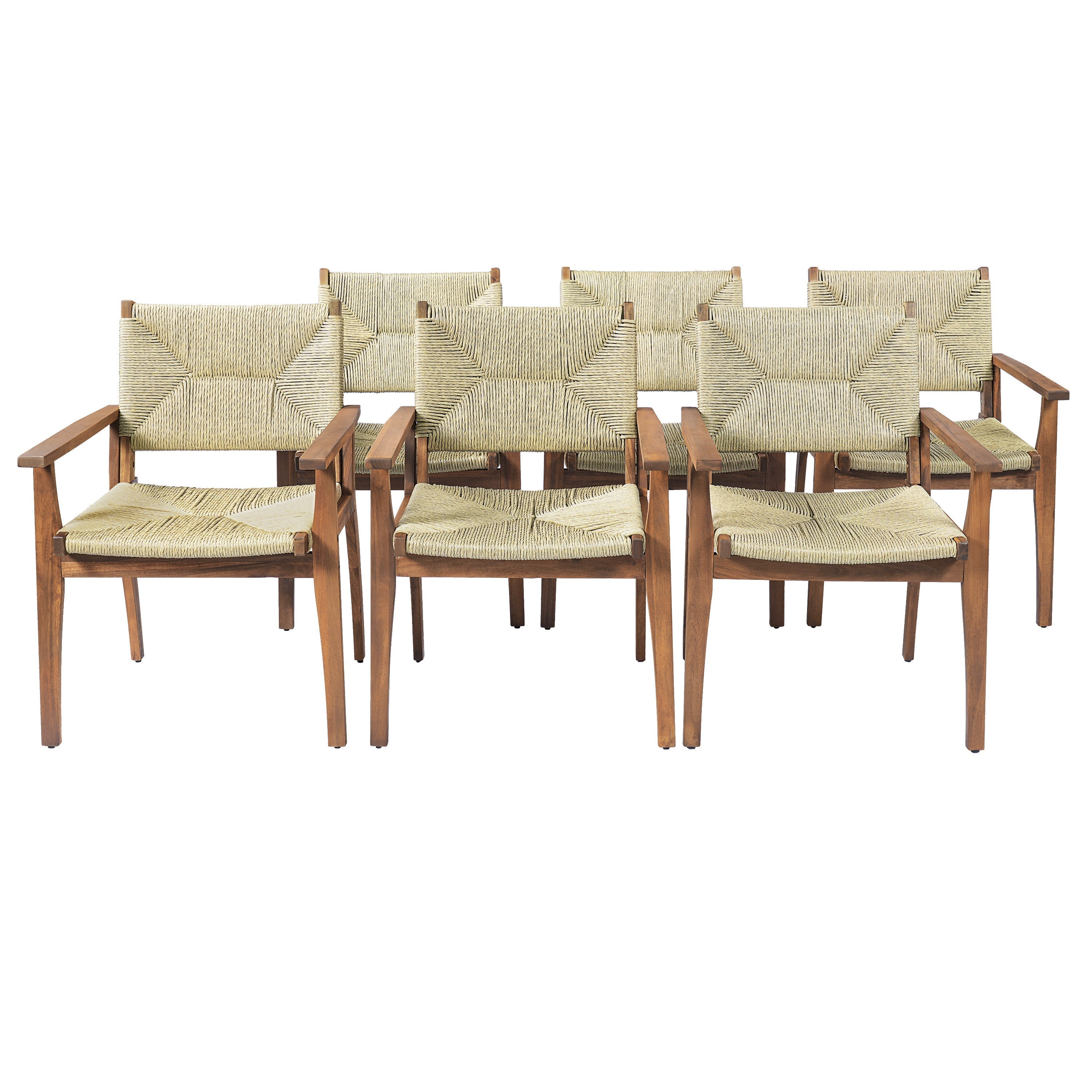 5-Piece Outdoor Dining Set: Teak Finish Round Acacia Wood Table & 4 Wicker Armchairs