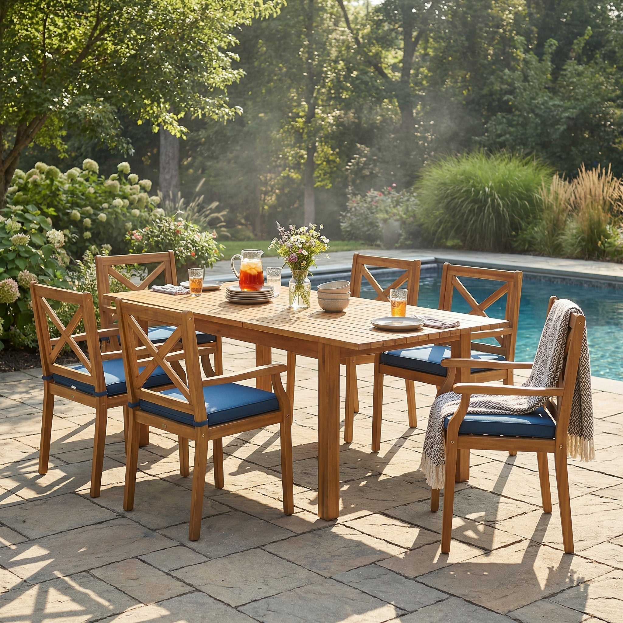 7 Pieces Acacia Wood Outdoor Dining Set with Blue Cushions