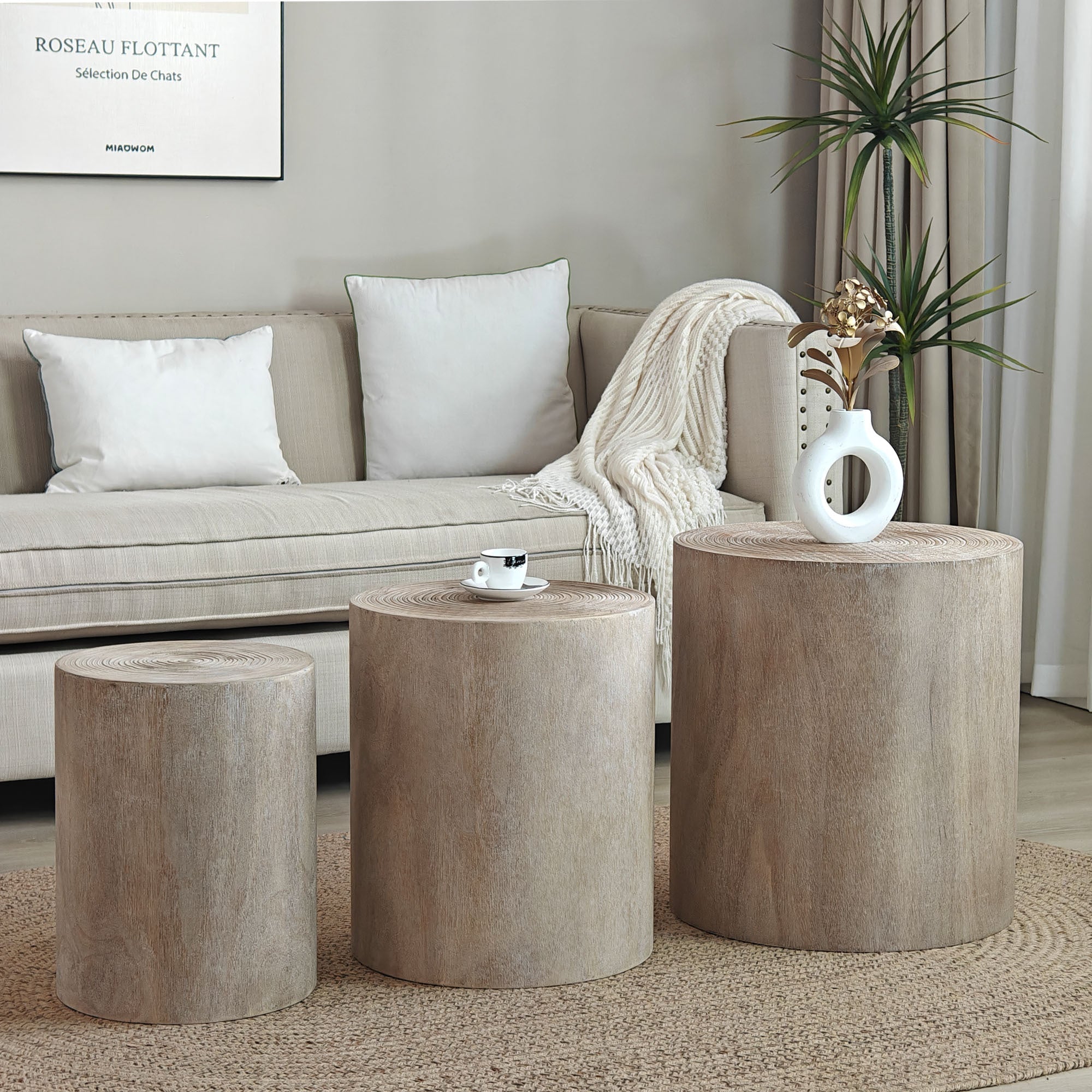 Set of 3 Rounded Wood Coffee Tables, End Tables, Plant Stands - Rustic Wood Finish