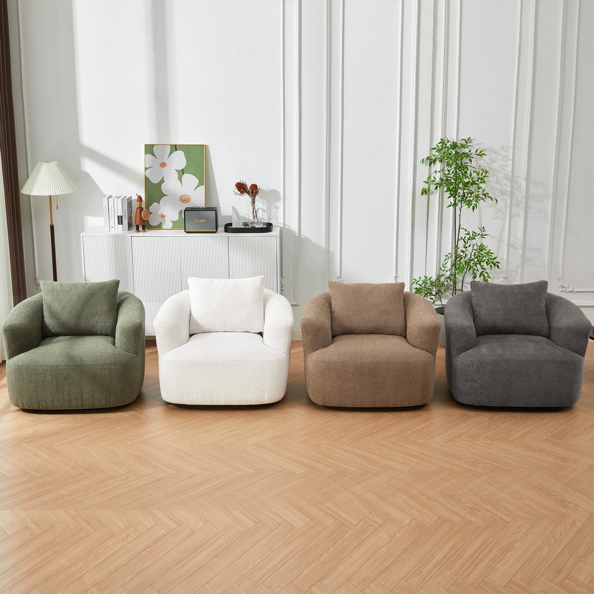 Chenille Upholstered 360° Swivel Chair with Throw Pillow, Dark Brown