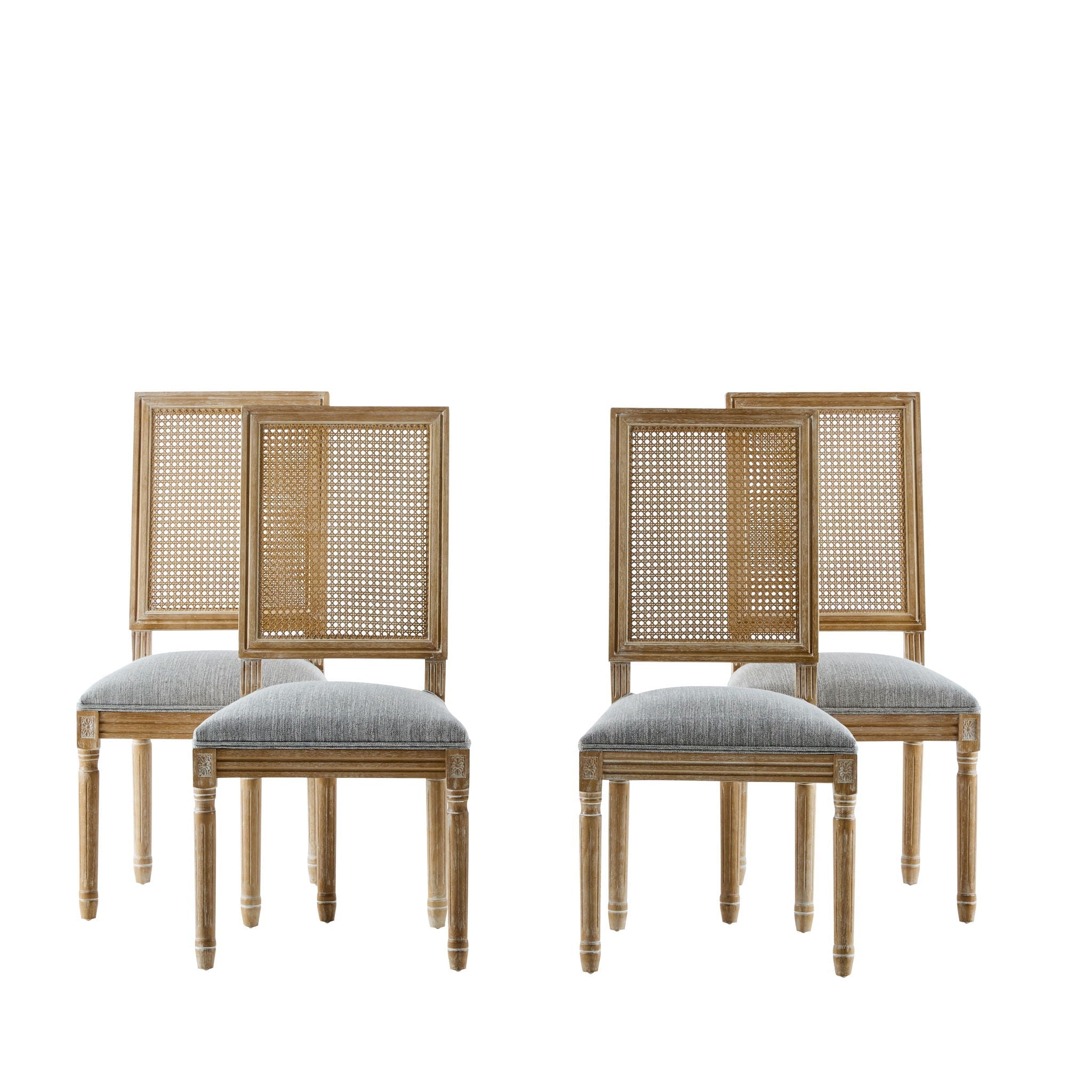 French Country Dining Chair With Rectangular Cane Backrest And Smooth Upholstered Seating