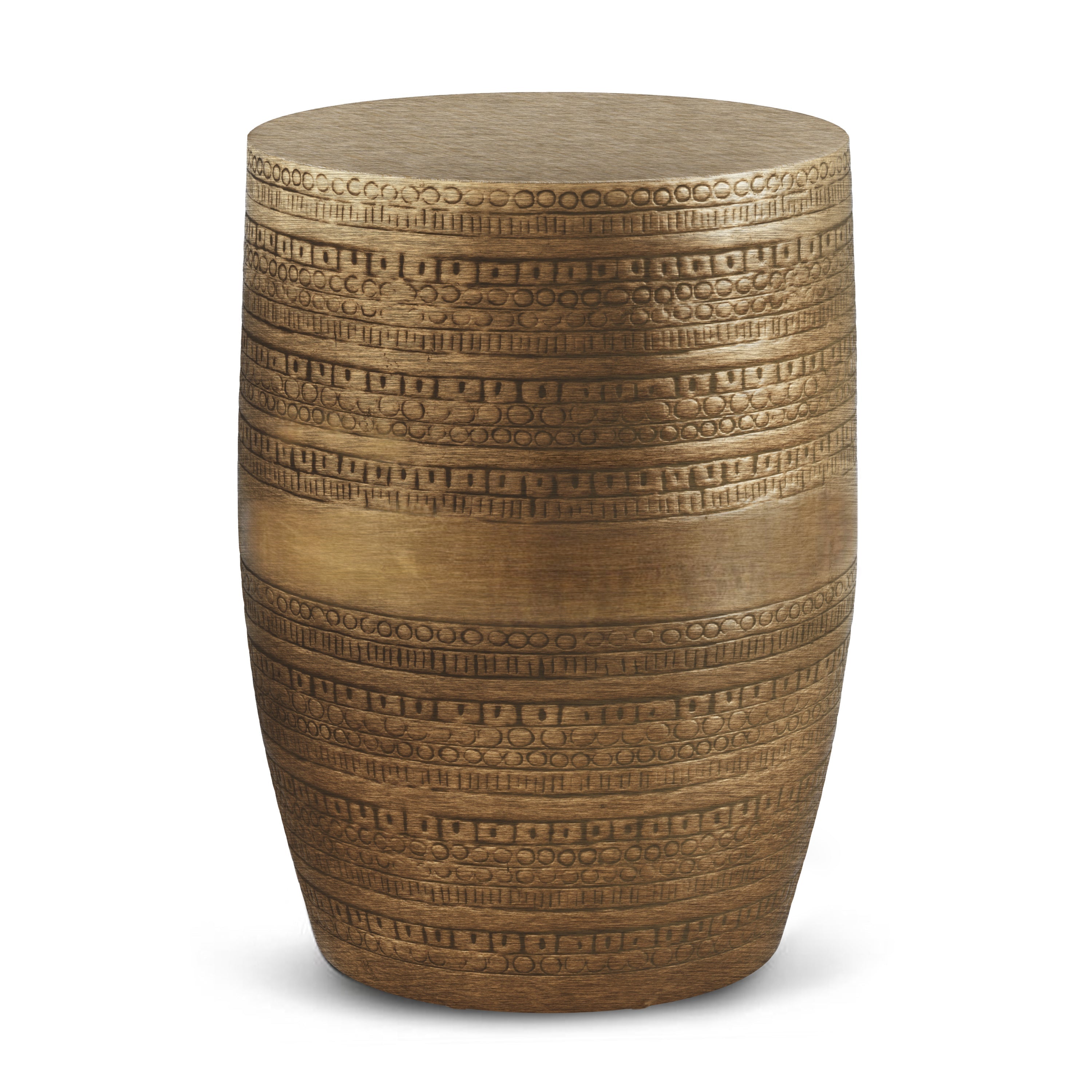 Johnsen 15 Inch Wide Tribal Pattern Metal Accent Table in Antique Gold