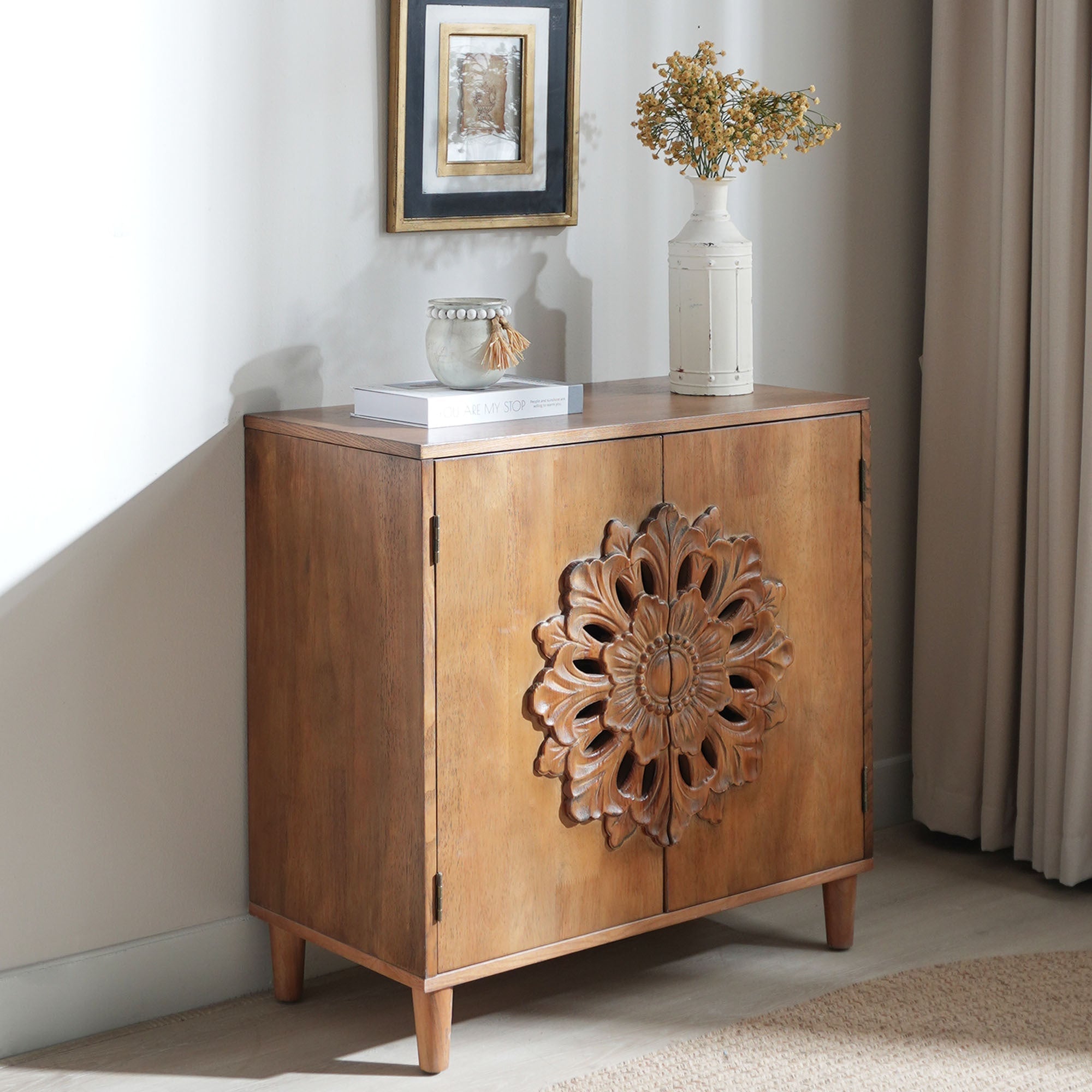 Rustic Hand-Carved Wooden 2-Door Cabinet