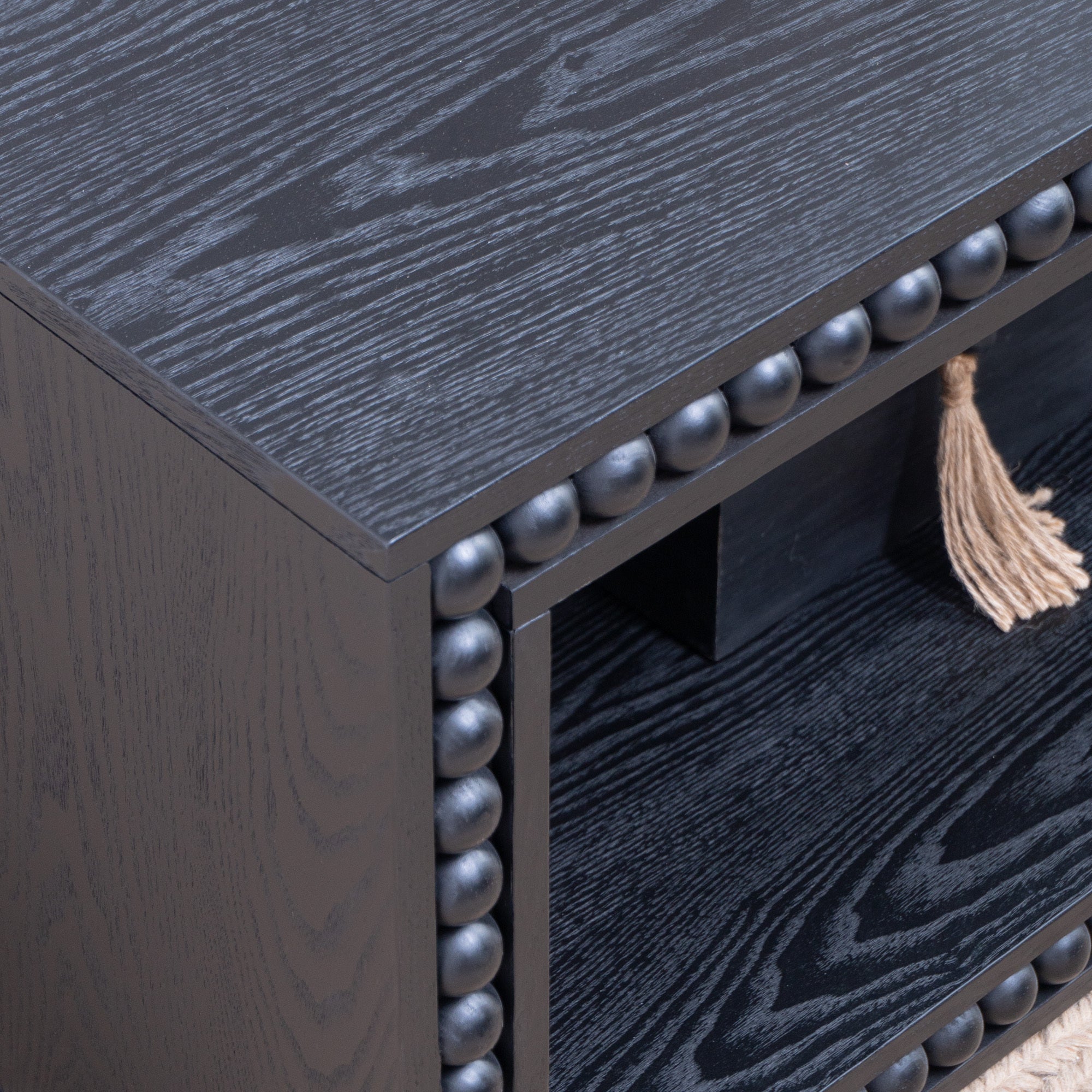 Black Beaded Edge Coffee Table – 47.6' Rectangular Center Table with Open Storage Shelf