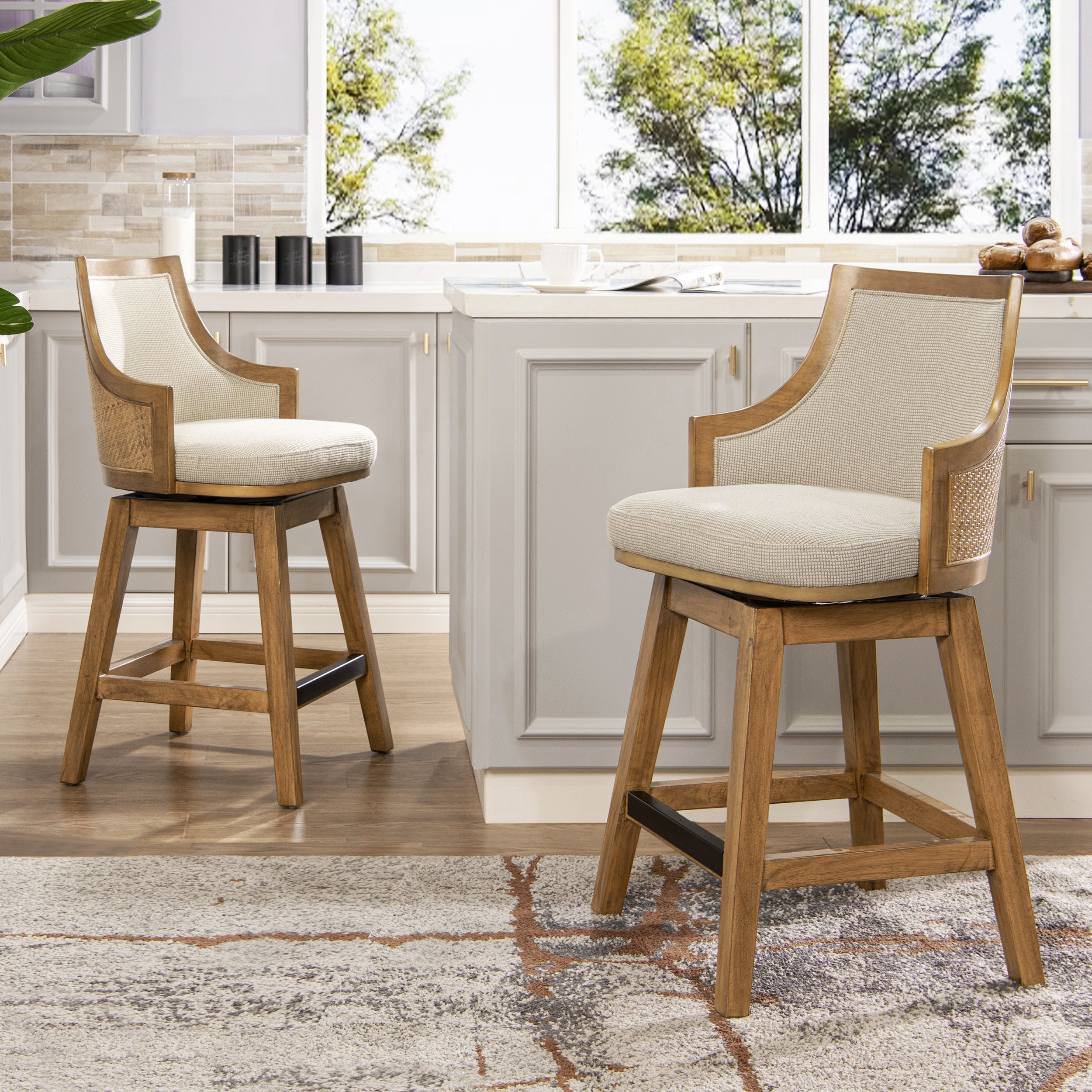 Bahama 26' Cane Rattan High-Back Swivel Counter Stool with Recessed Arms, Taupe Beige Textured Weave