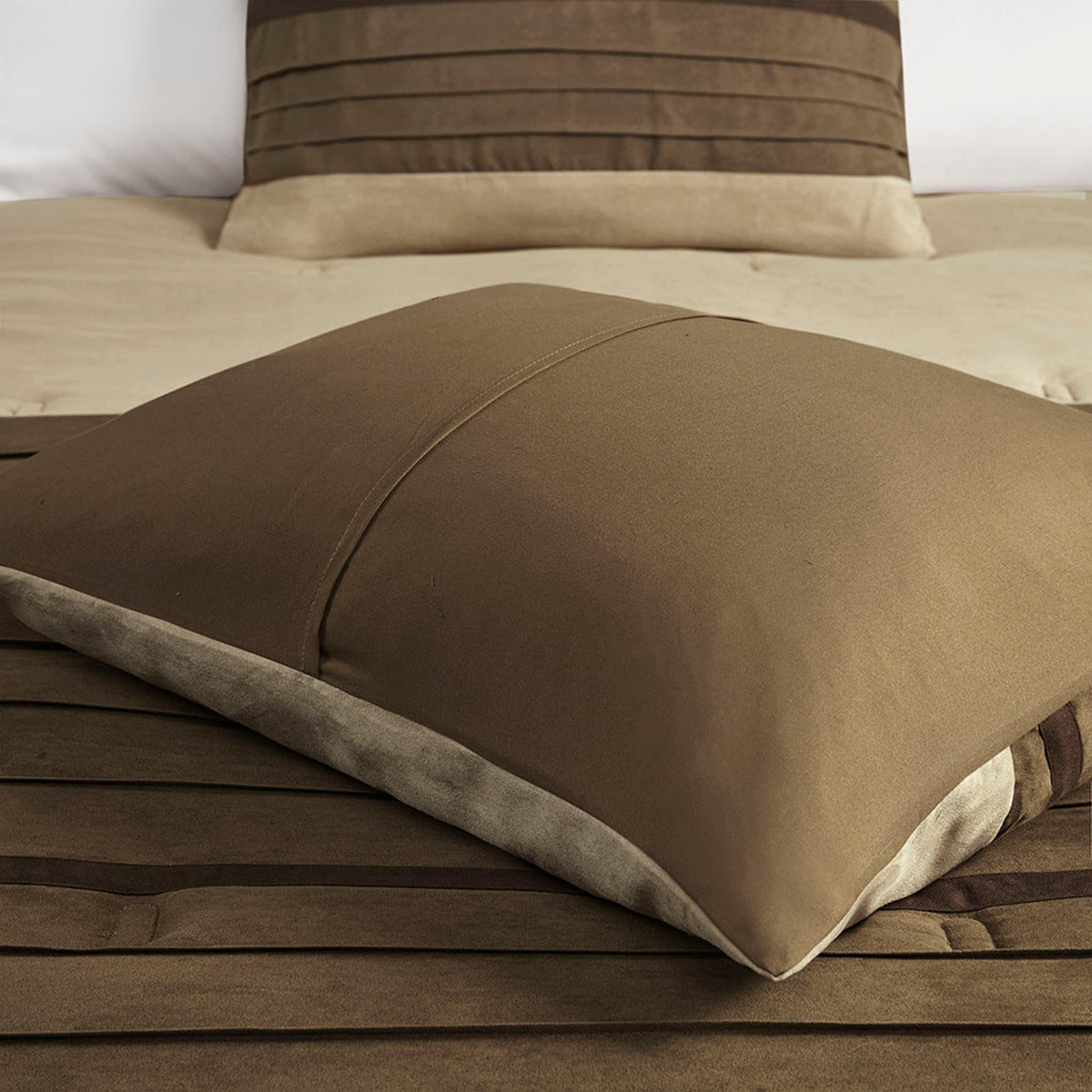 7 PC Faux Suede Comforter Set Natural King
