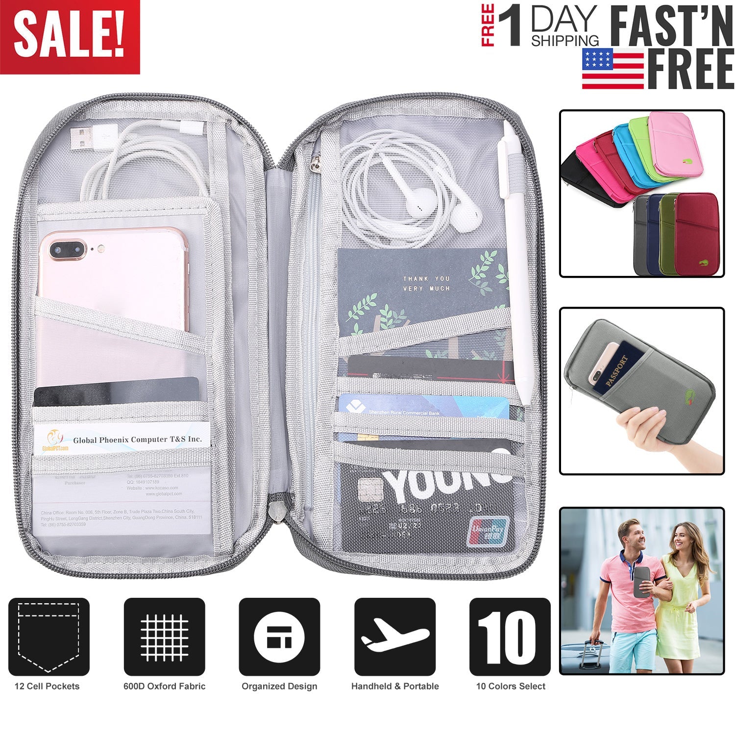 Travel Passport Wallet 12Cells Ticket ID Credit Card Holder Water Repellent Documents Phone Organizer Zipper Case Business Trip Daily Use
