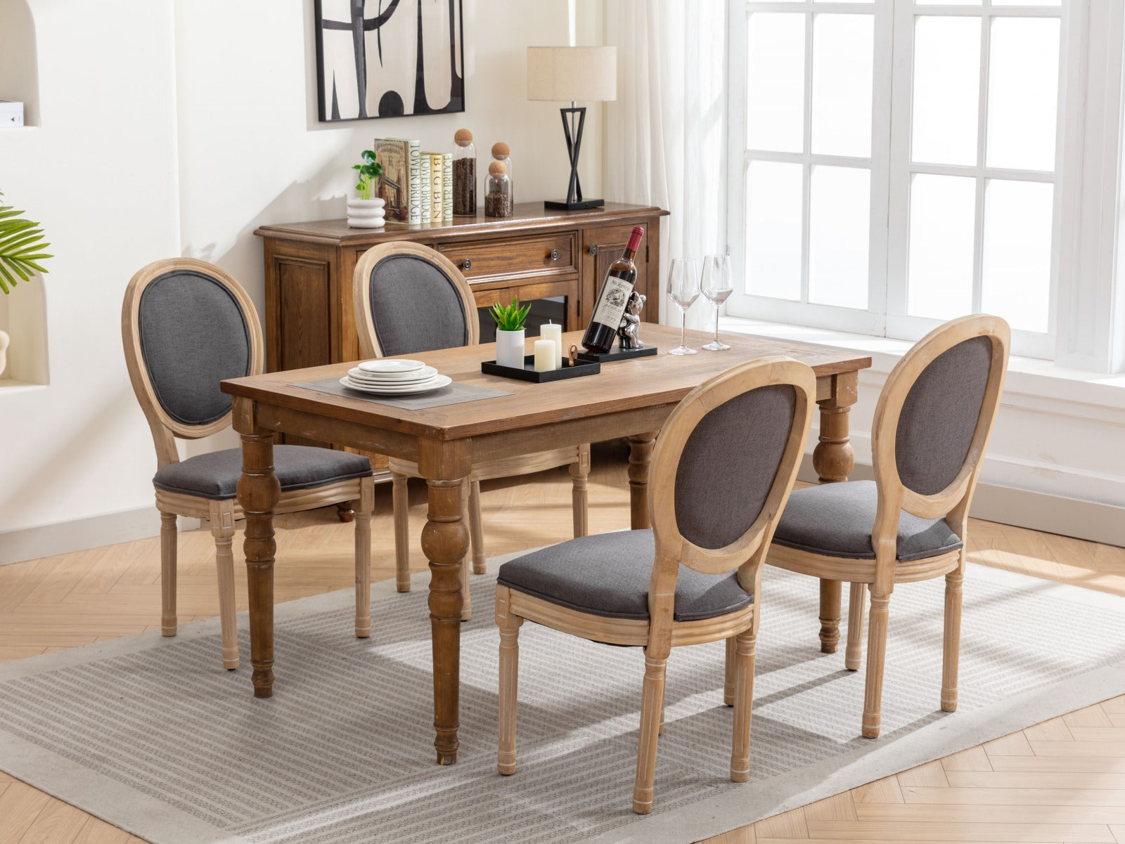 French Style Solid Wood Frame Antique Linen Dining Chair, Set of 2