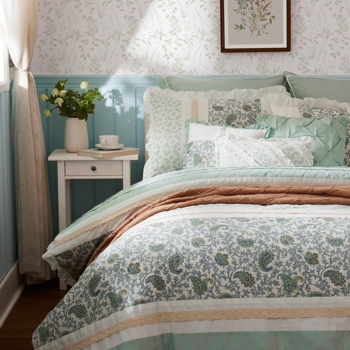 9 Piece Cotton Percale Comforter Set Aqua