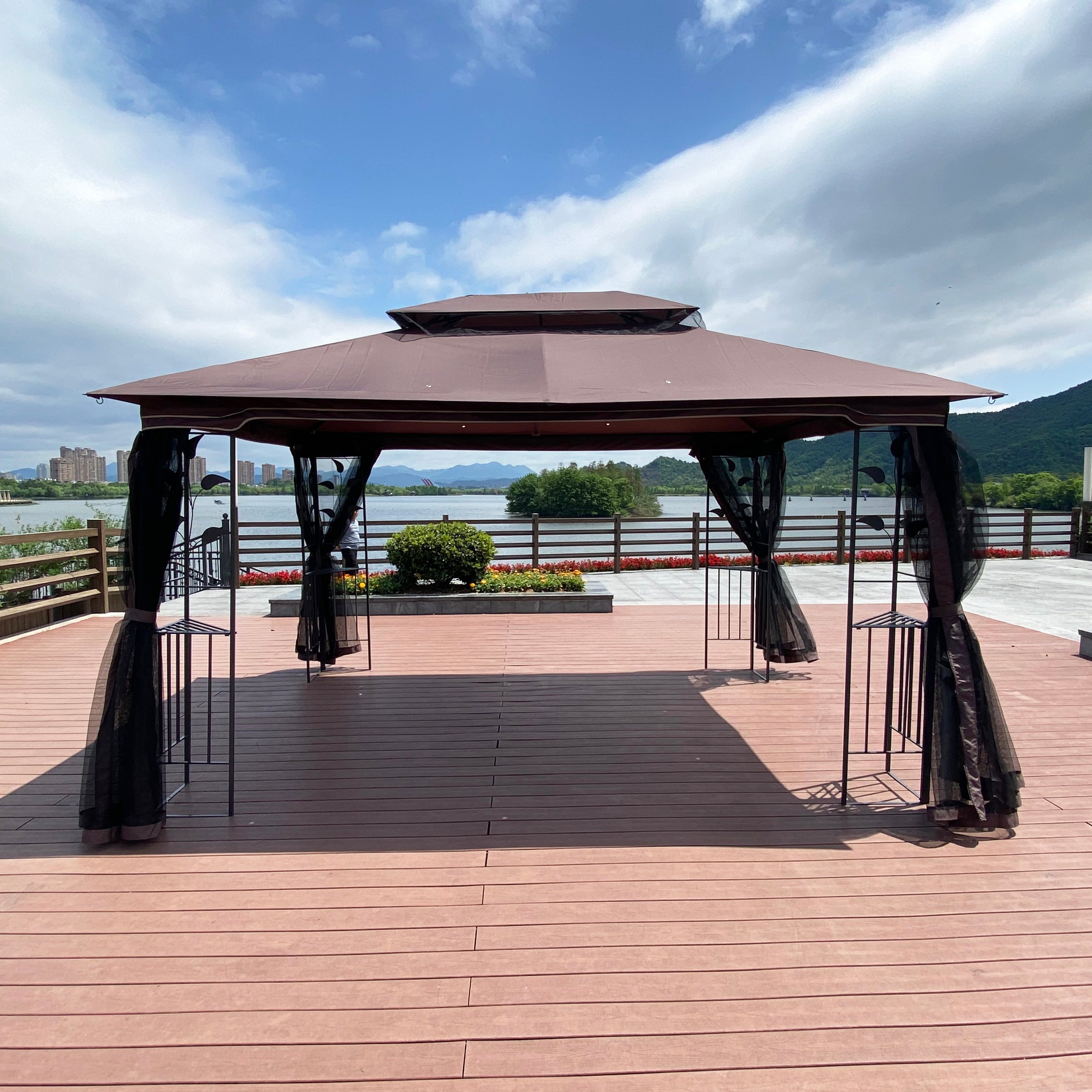 13 x 10 ft Patio Gazebo Tent with Ventilated Double Roof and Mosquito Net