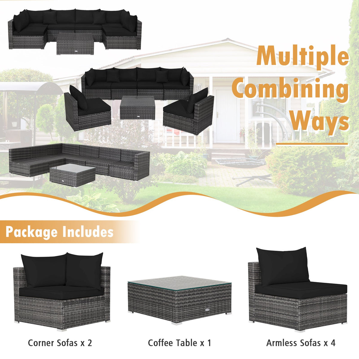 7 Pieces Patio Rattan Furniture Set Sectional Sofa Garden Cushion