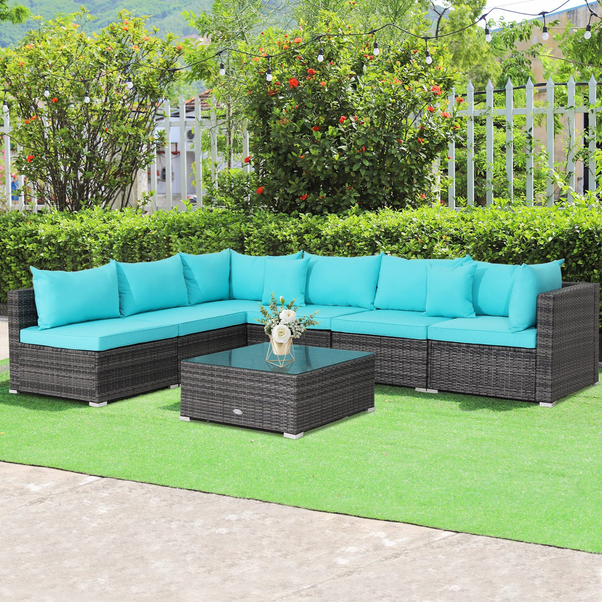 7 Pieces Patio Rattan Furniture Set Sectional Sofa Garden Cushion